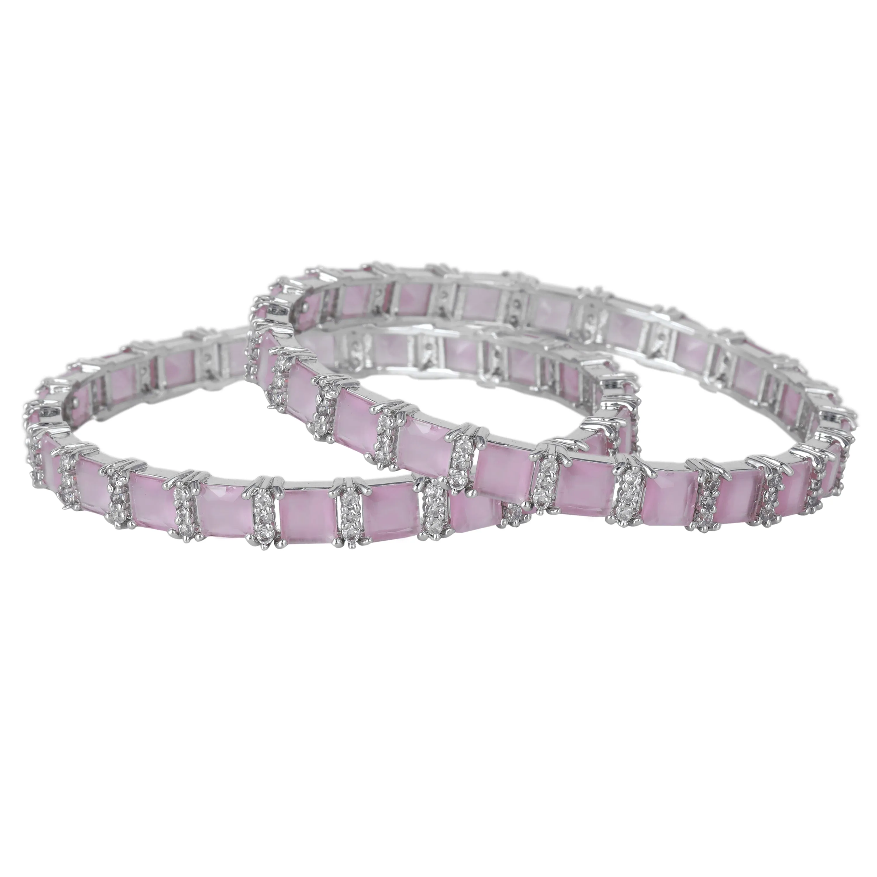Estele Rhodium Plated Charming Mint Pink American Diamond Bangles with Square Design| Sizes 2:4, 2:6 & 2:8| A Blend of Elegance and Grace