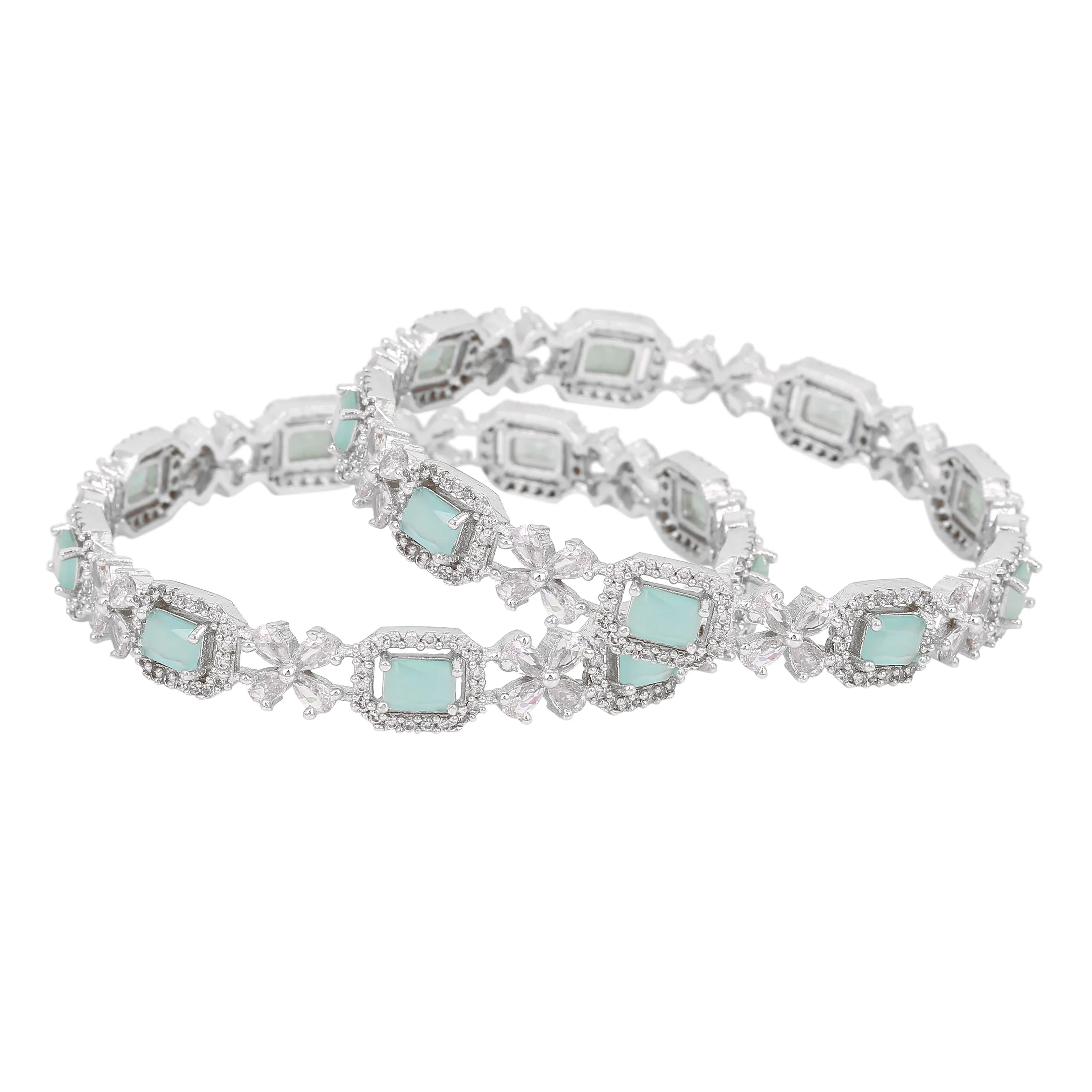 Estele Rhodium Plated Floral Motif Entrancing Mint Green American Diamond Bangles |Available in 2:4, 2:6, & 2:8 Sizes|Timeless Look for Women