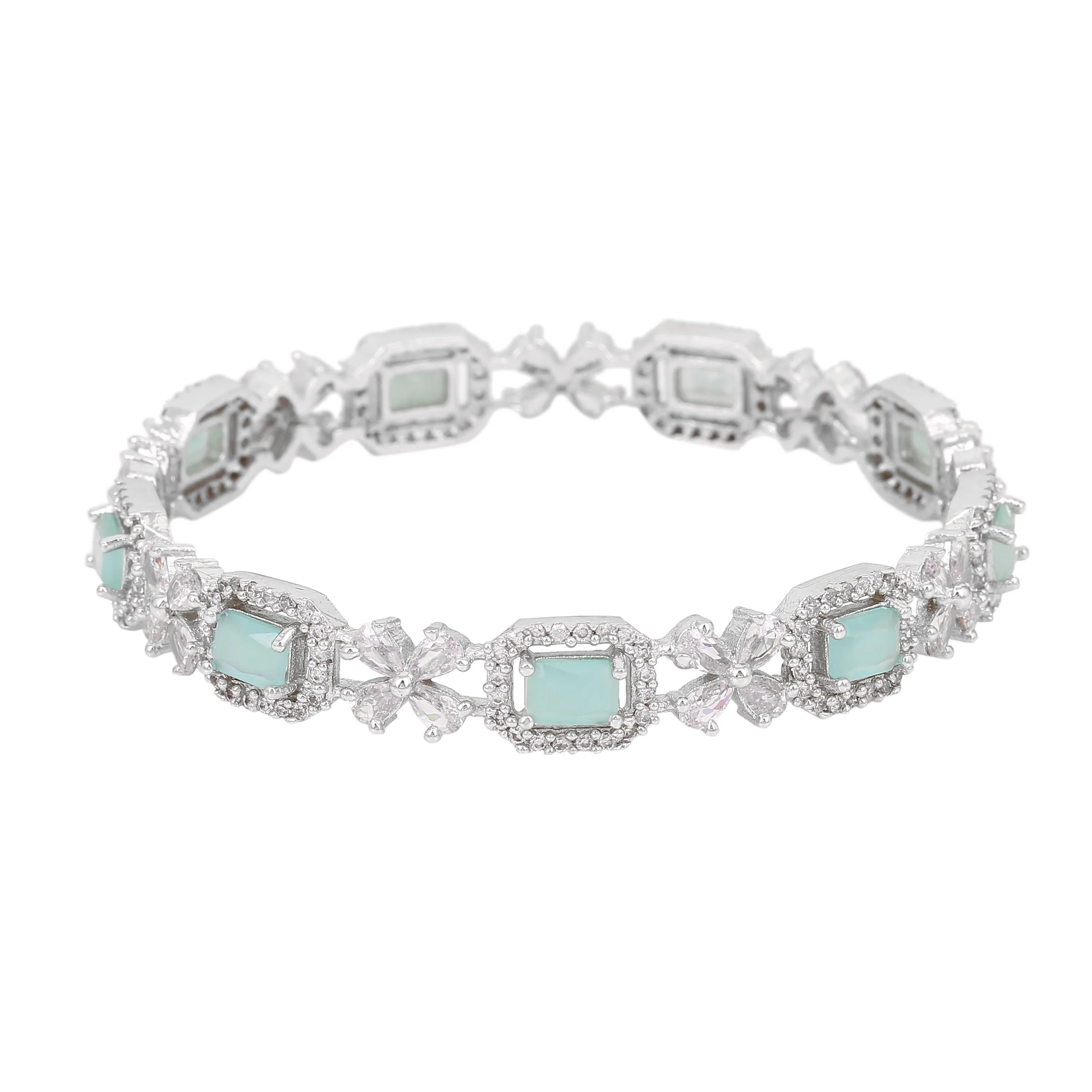 Estele Rhodium Plated Floral Motif Entrancing Mint Green American Diamond Bangles |Available in 2:4, 2:6, & 2:8 Sizes|Timeless Look for Women