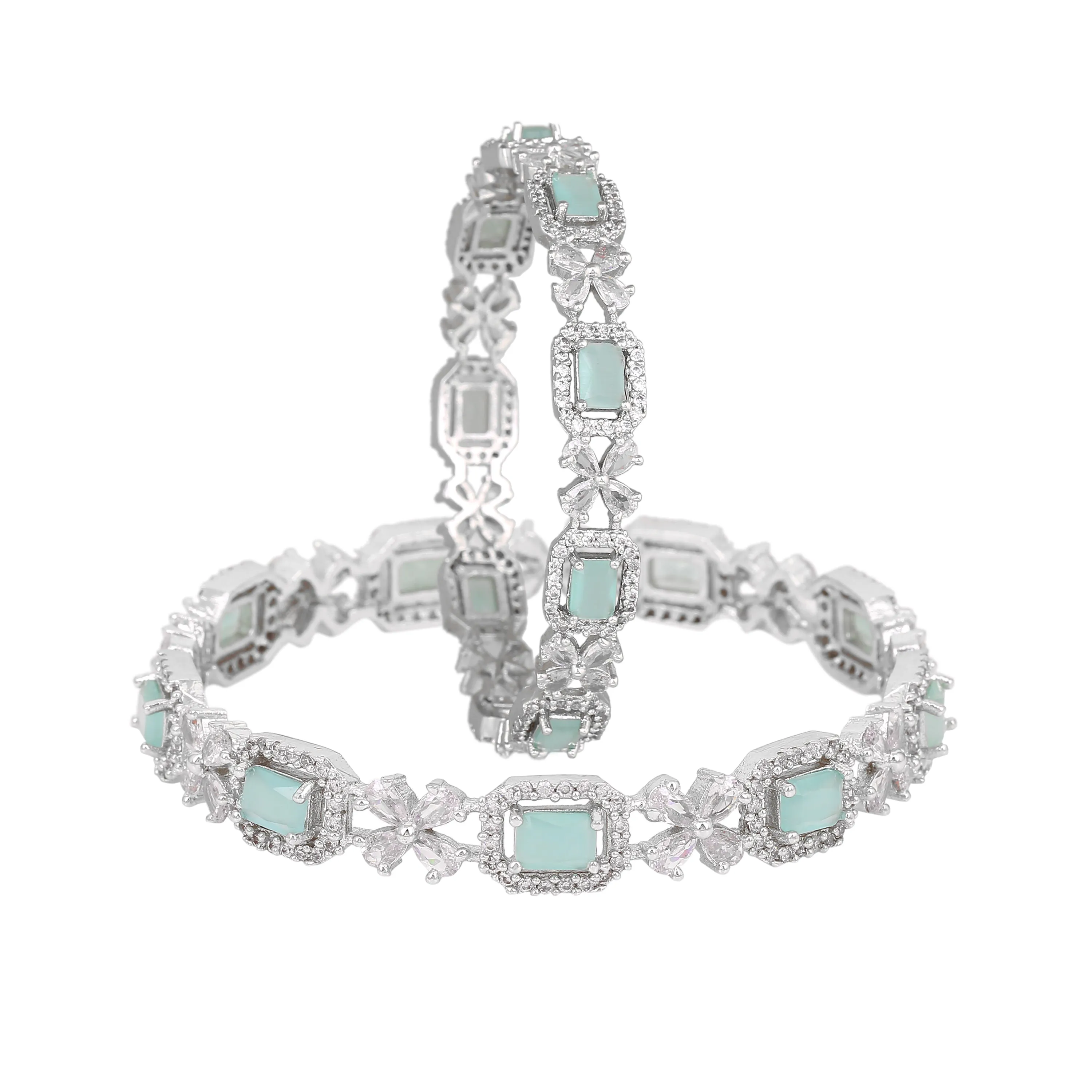 Estele Rhodium Plated Floral Motif Entrancing Mint Green American Diamond Bangles |Available in 2:4, 2:6, & 2:8 Sizes|Timeless Look for Women