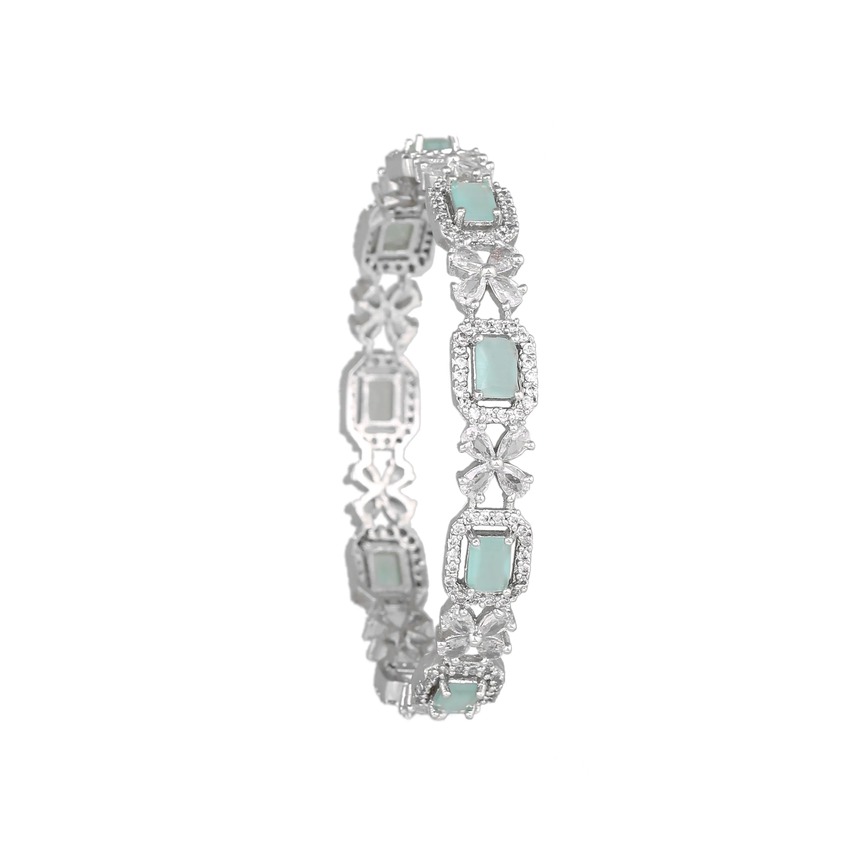 Estele Rhodium Plated Floral Motif Entrancing Mint Green American Diamond Bangles |Available in 2:4, 2:6, & 2:8 Sizes|Timeless Look for Women