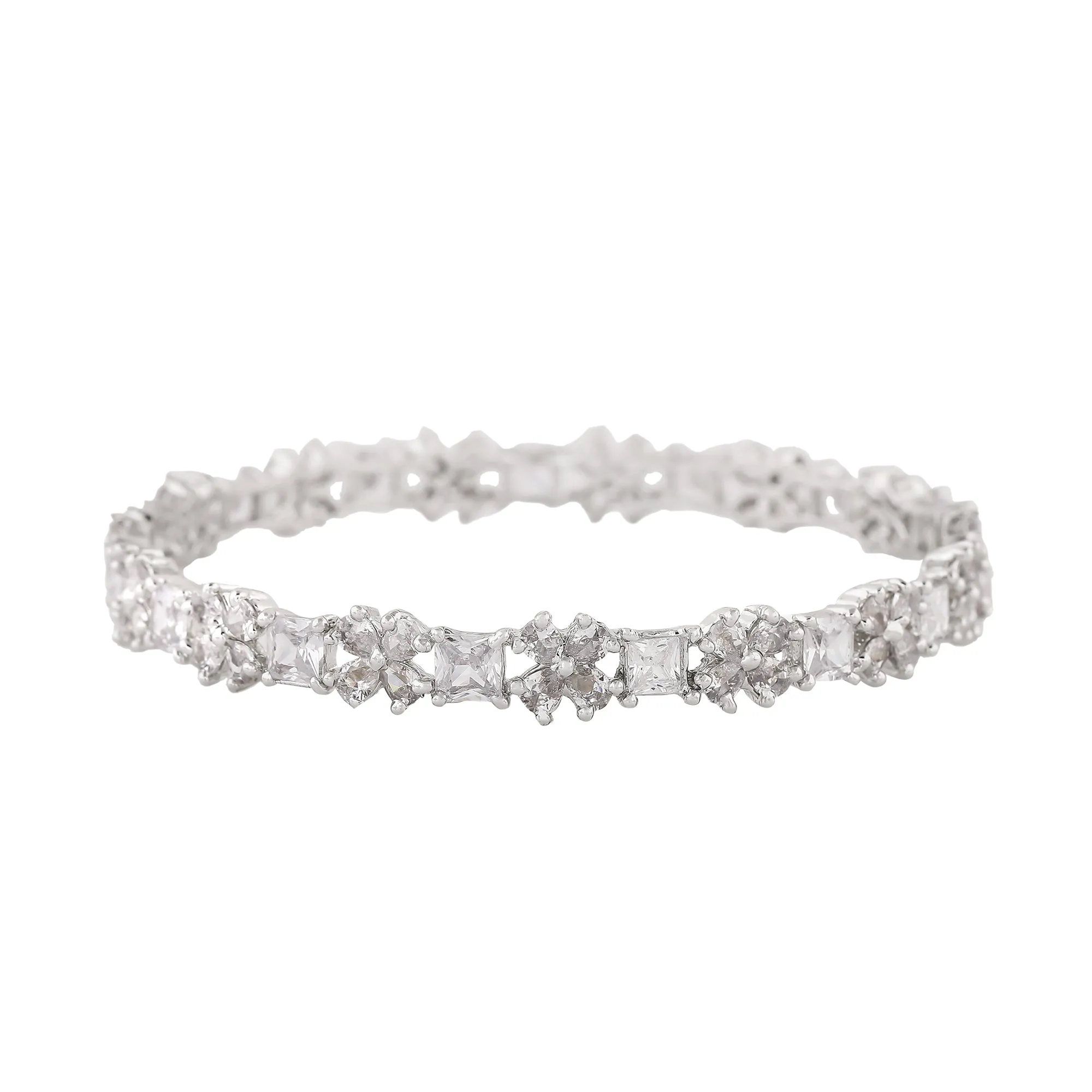 Estele Rhodium Plated Intricate Floral Designer 2:6 Size Bangles with White American Diamonds |A Blend of Tradition & Vibrance for Women