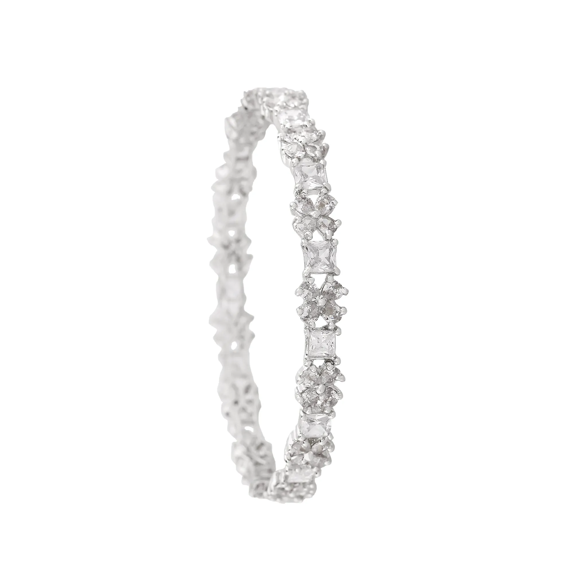 Estele Rhodium Plated Intricate Floral Designer 2:6 Size Bangles with White American Diamonds |A Blend of Tradition & Vibrance for Women