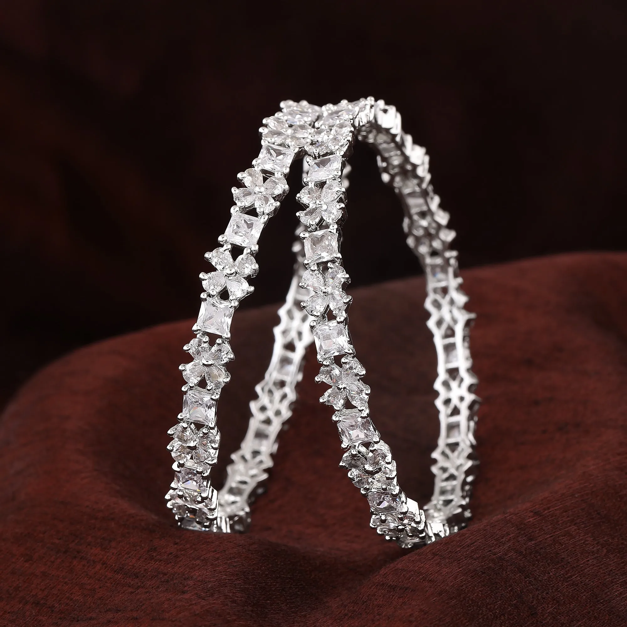 Estele Rhodium Plated Intricate Floral Designer 2:6 Size Bangles with White American Diamonds |A Blend of Tradition & Vibrance for Women