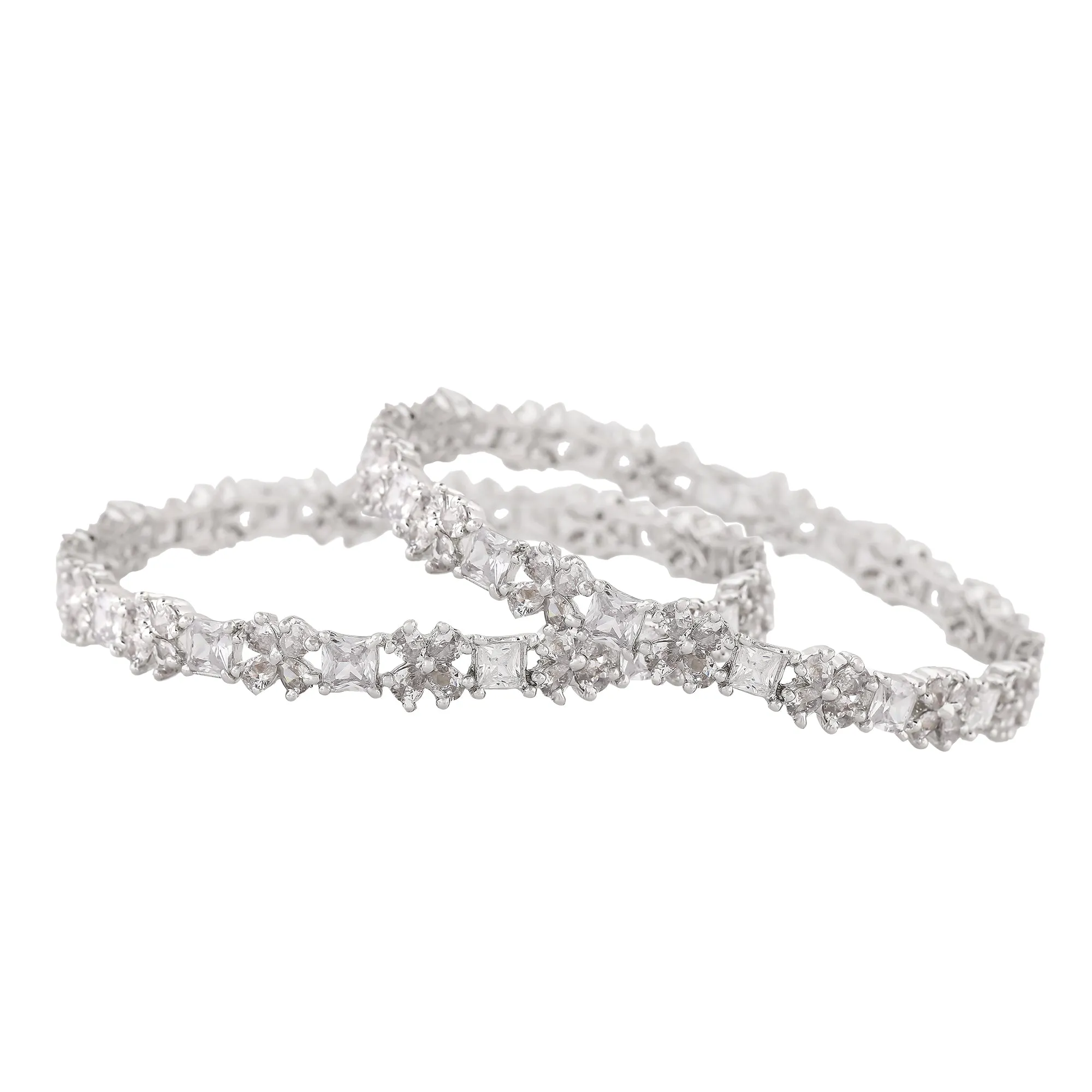 Estele Rhodium Plated Intricate Floral Designer 2:6 Size Bangles with White American Diamonds |A Blend of Tradition & Vibrance for Women