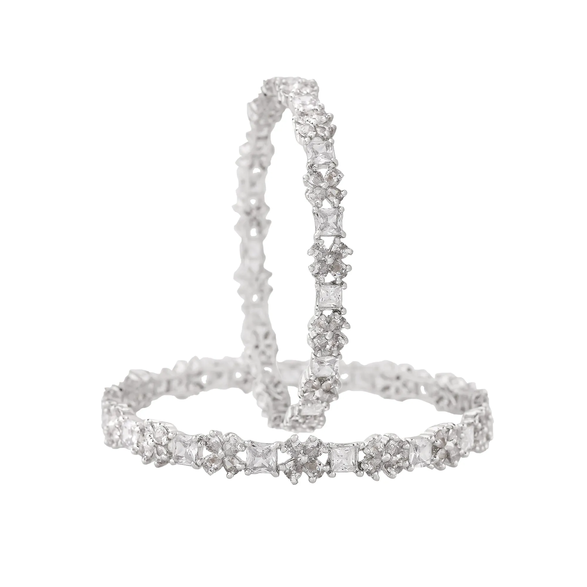 Estele Rhodium Plated Intricate Floral Designer 2:6 Size Bangles with White American Diamonds |A Blend of Tradition & Vibrance for Women