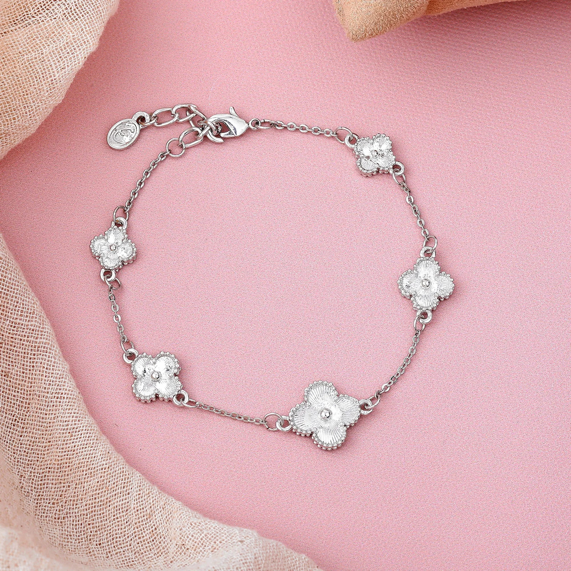 Estele Rhodium Plated Latest Fancy Clover Leaf Designer Adjustable Charm Bracelet for Girls and Women