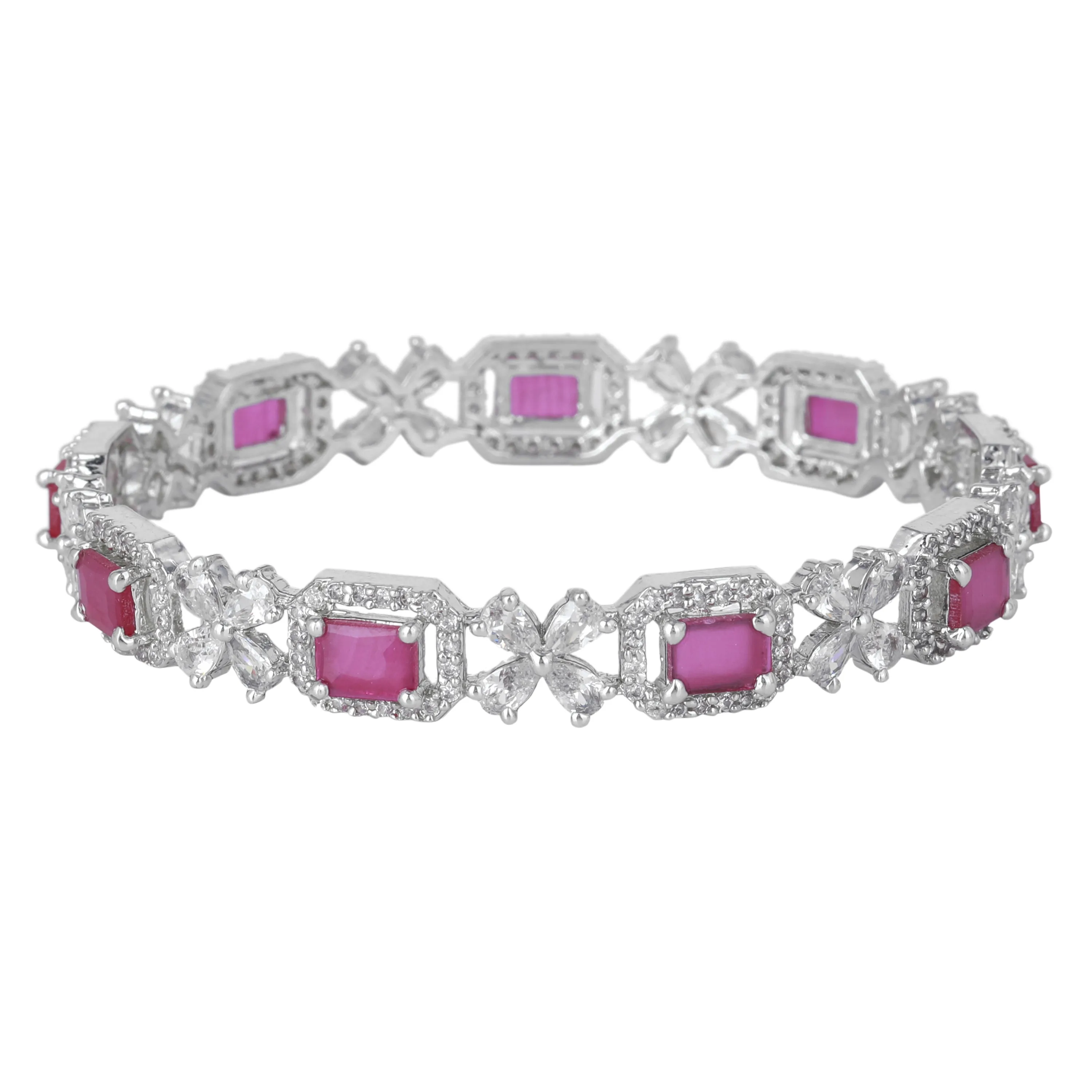 Estele Rhodium Plated Resplendent Ruby American Diamond Floral Bangles |Available in 2:4, 2:6, & 2:8 Sizes|Perfect Blend of Glamour & Elegance for Women