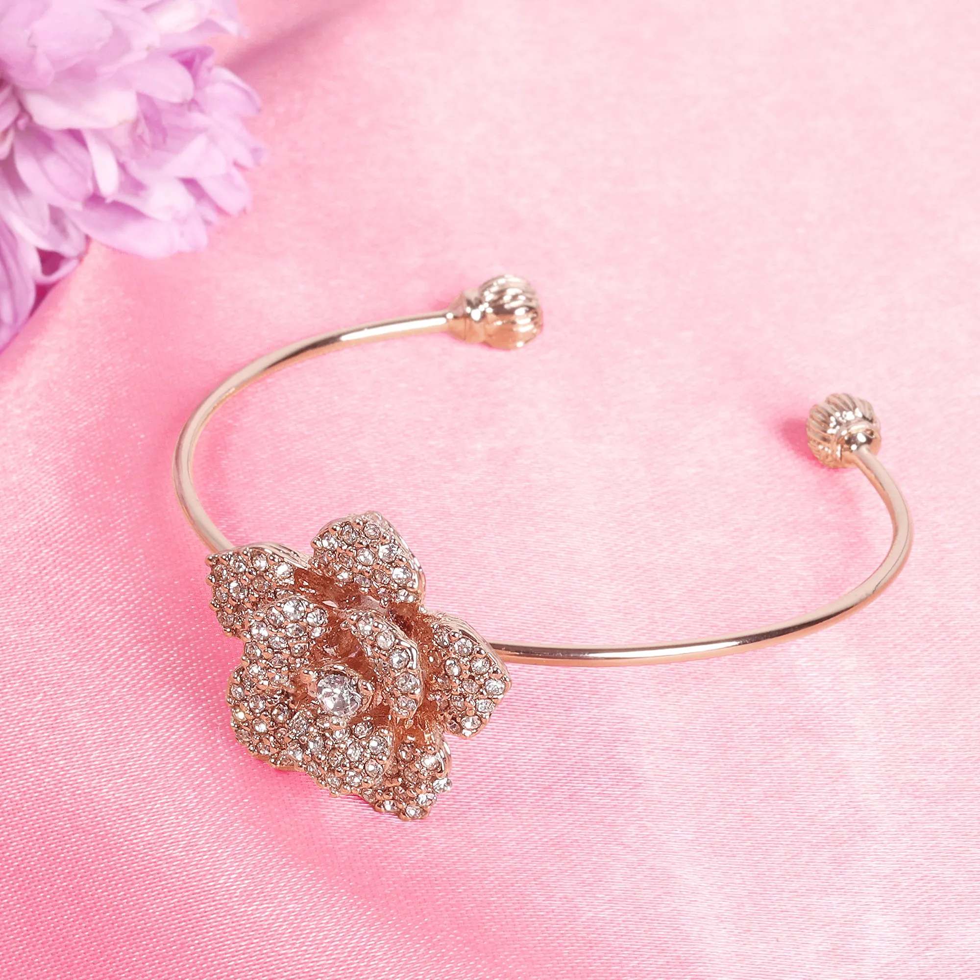 Estele Rose Collectiona??? Exclusive Rose-Embellished Rosegold Cuff Bracelet: Delicate Floral Motif for Womena??? Ideal for Casual & Formal Wear