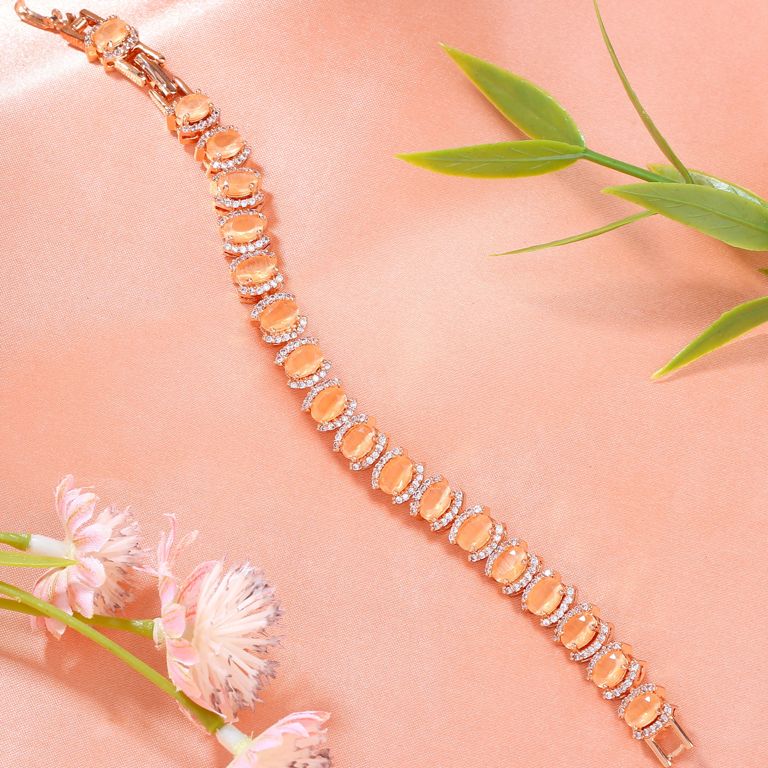 Estele Rose Gold Plated CZ Dazzling Bracelet with Mint Orange Stones for Women