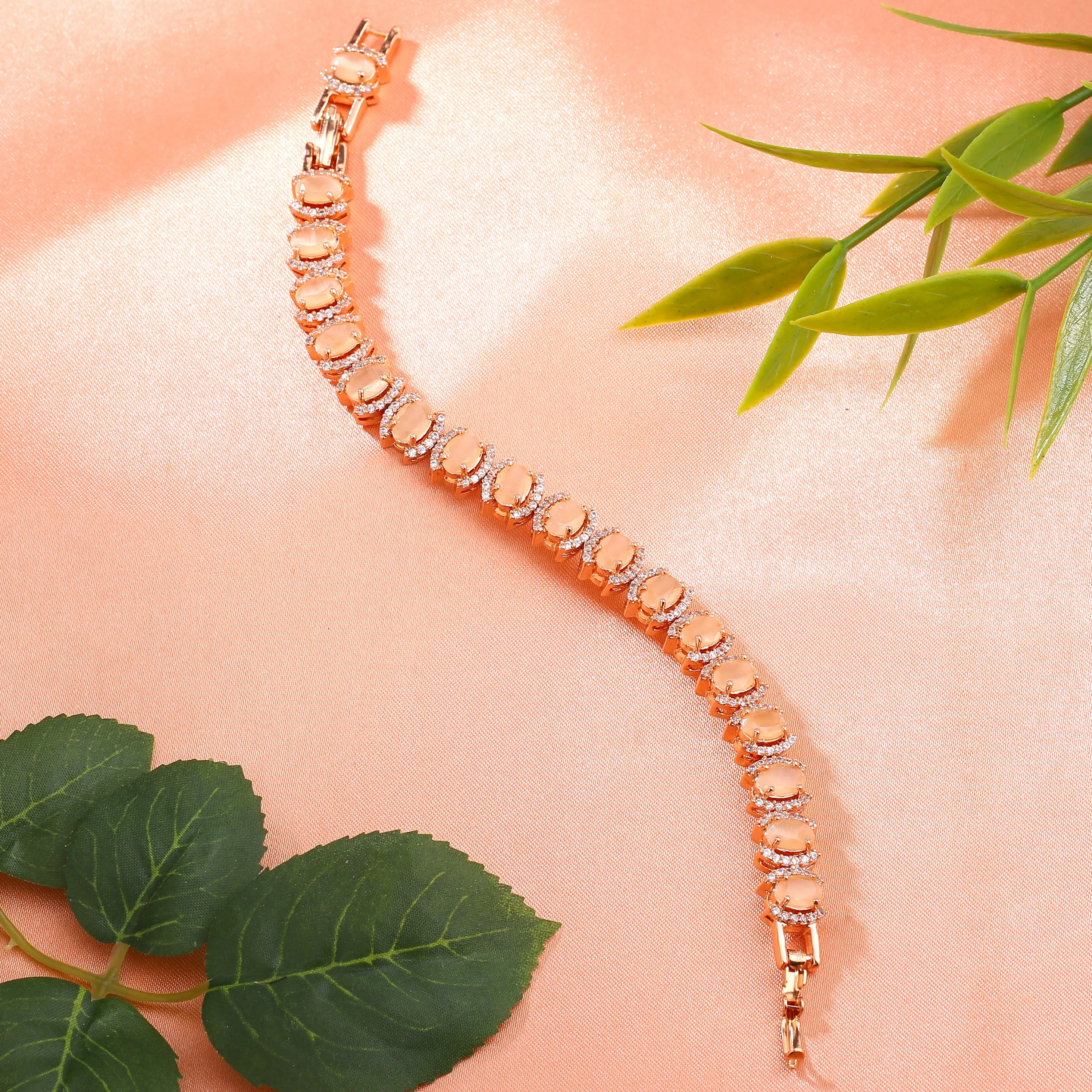 Estele Rose Gold Plated CZ Dazzling Bracelet with Mint Orange Stones for Women