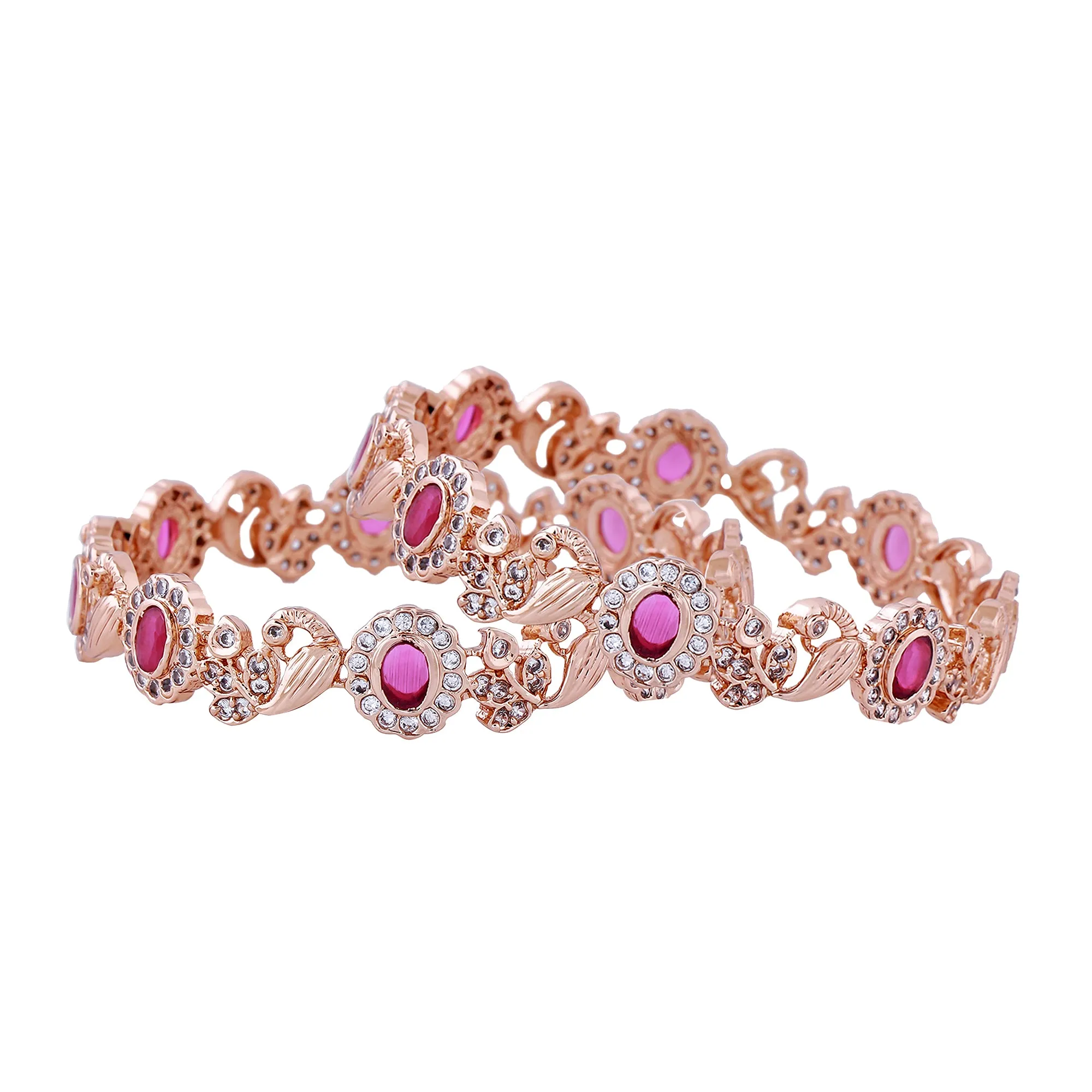 Estele Rose Gold Plated Graceful Peacock Designer 2:6 Size Bangles with Ruby American Diamond|Elegant Traditional Jewelry for Women