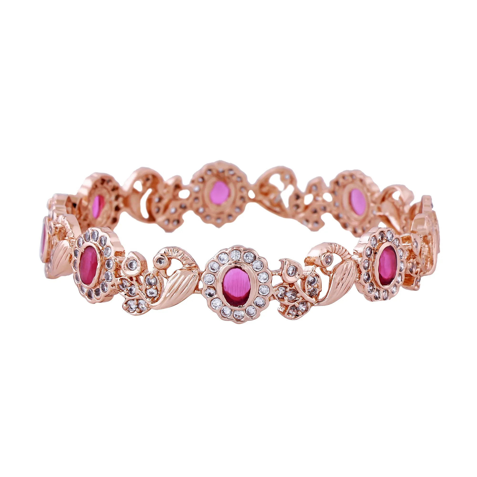 Estele Rose Gold Plated Graceful Peacock Designer 2:6 Size Bangles with Ruby American Diamond|Elegant Traditional Jewelry for Women
