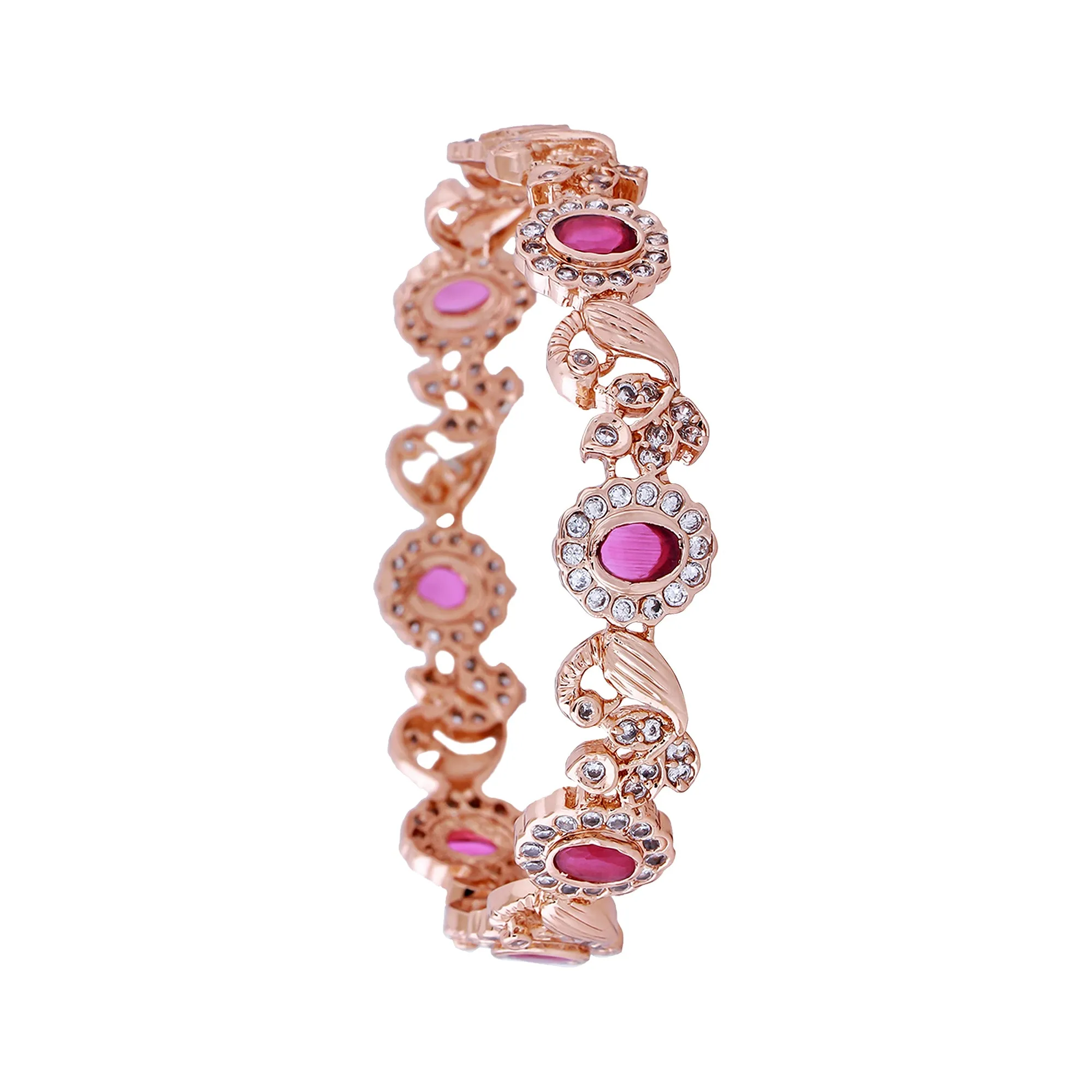 Estele Rose Gold Plated Graceful Peacock Designer 2:6 Size Bangles with Ruby American Diamond|Elegant Traditional Jewelry for Women