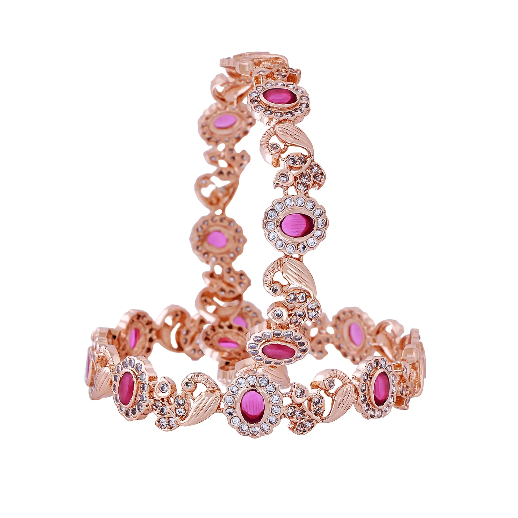 Estele Rose Gold Plated Graceful Peacock Designer 2:6 Size Bangles with Ruby American Diamond|Elegant Traditional Jewelry for Women