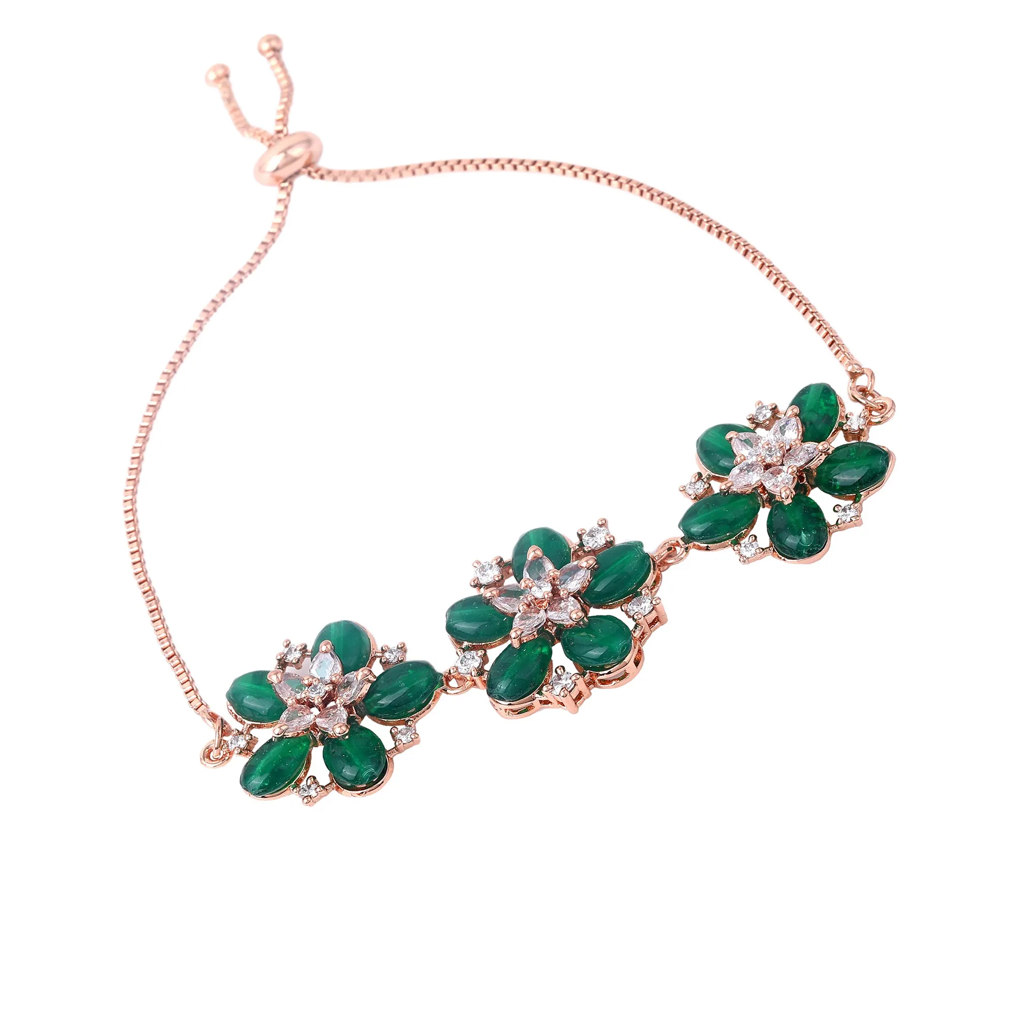 Estele Rosegold Plated Bloom-Enhanced Green Beaded Adjustable Varya Bracelet|A Sophisticated Piece for Everyday Wear