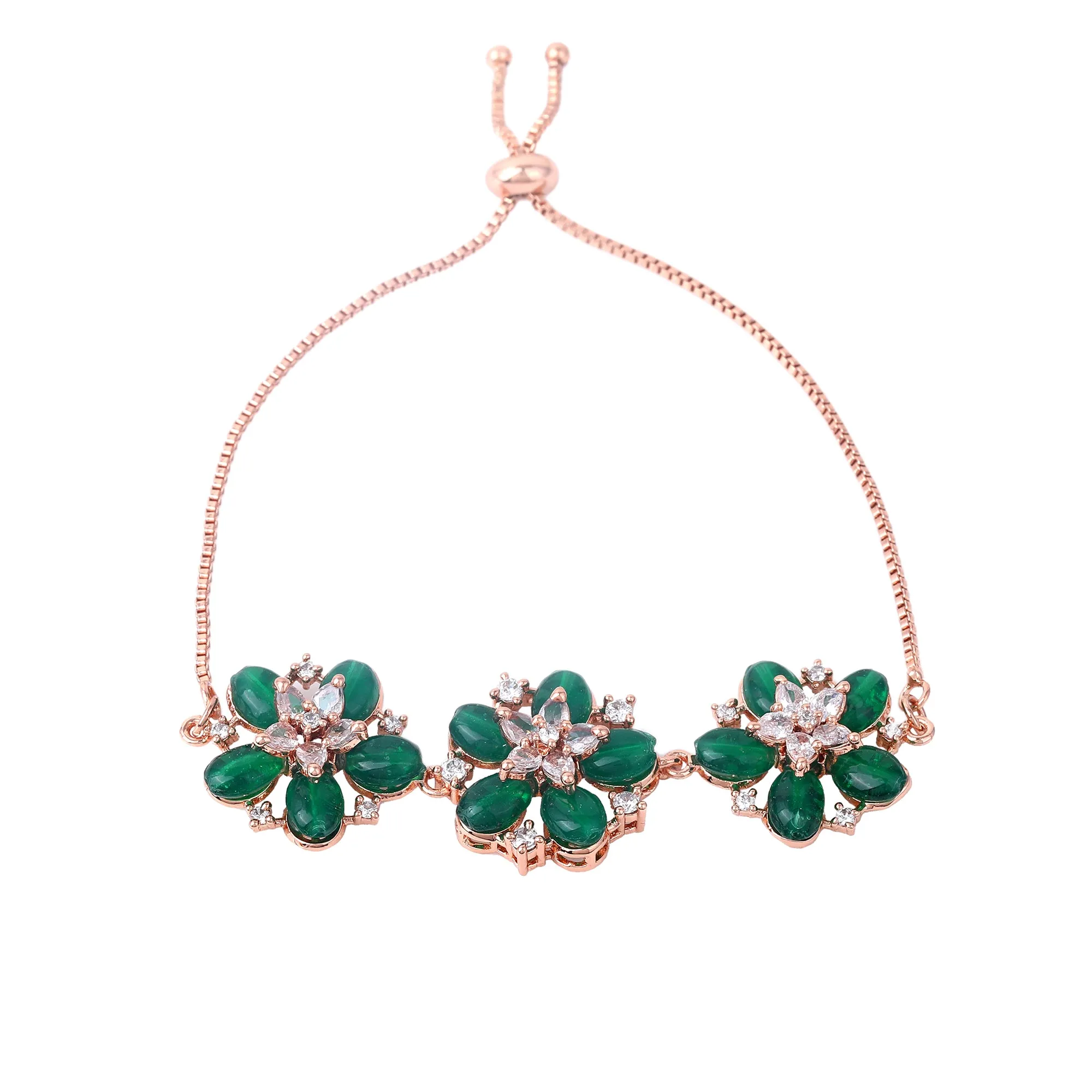 Estele Rosegold Plated Bloom-Enhanced Green Beaded Adjustable Varya Bracelet|A Sophisticated Piece for Everyday Wear
