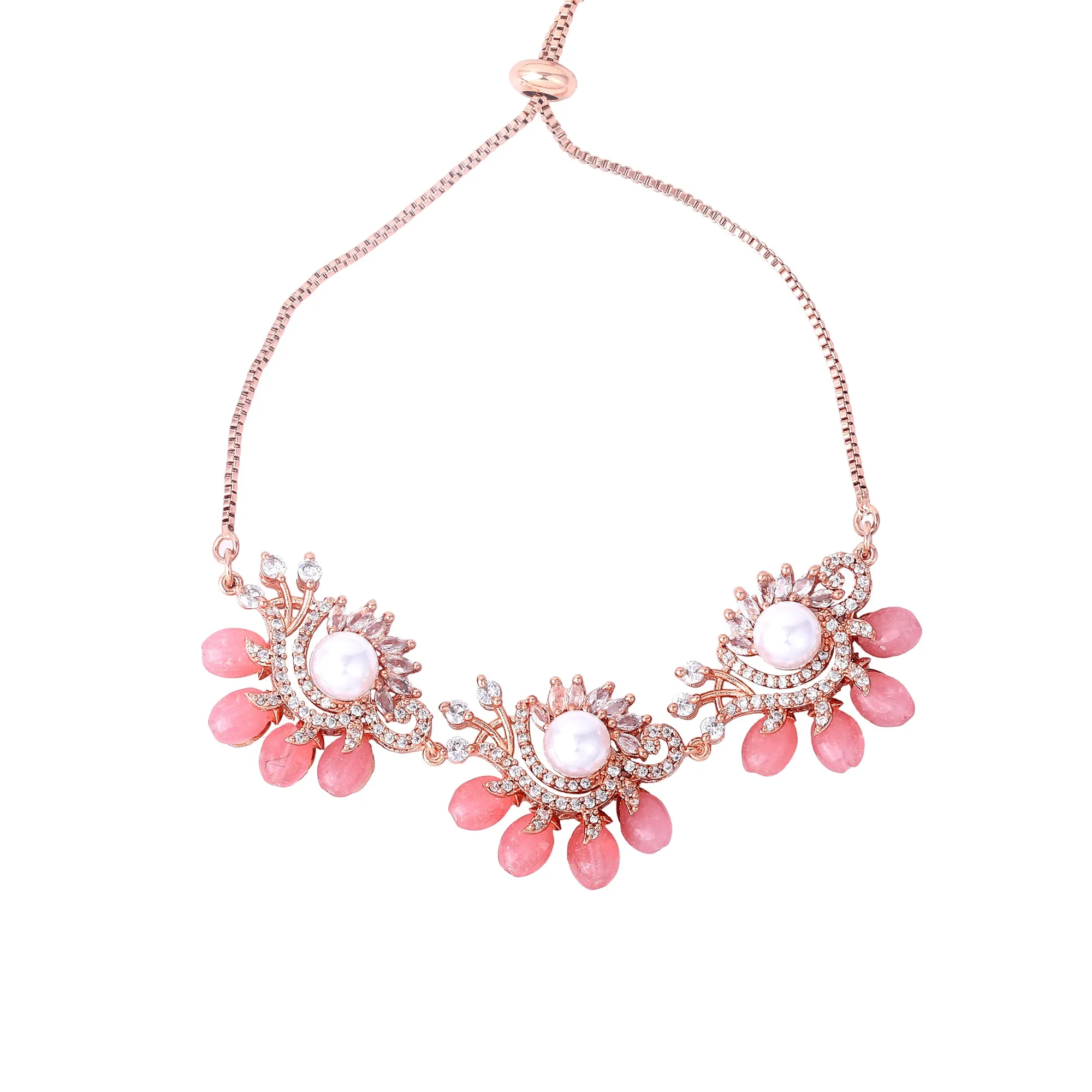 Estele Rosegold Plated Classic Mint Pink Beads Accented Flexible Varya Bracelet|A Graceful Wristlet for Modern Ladies