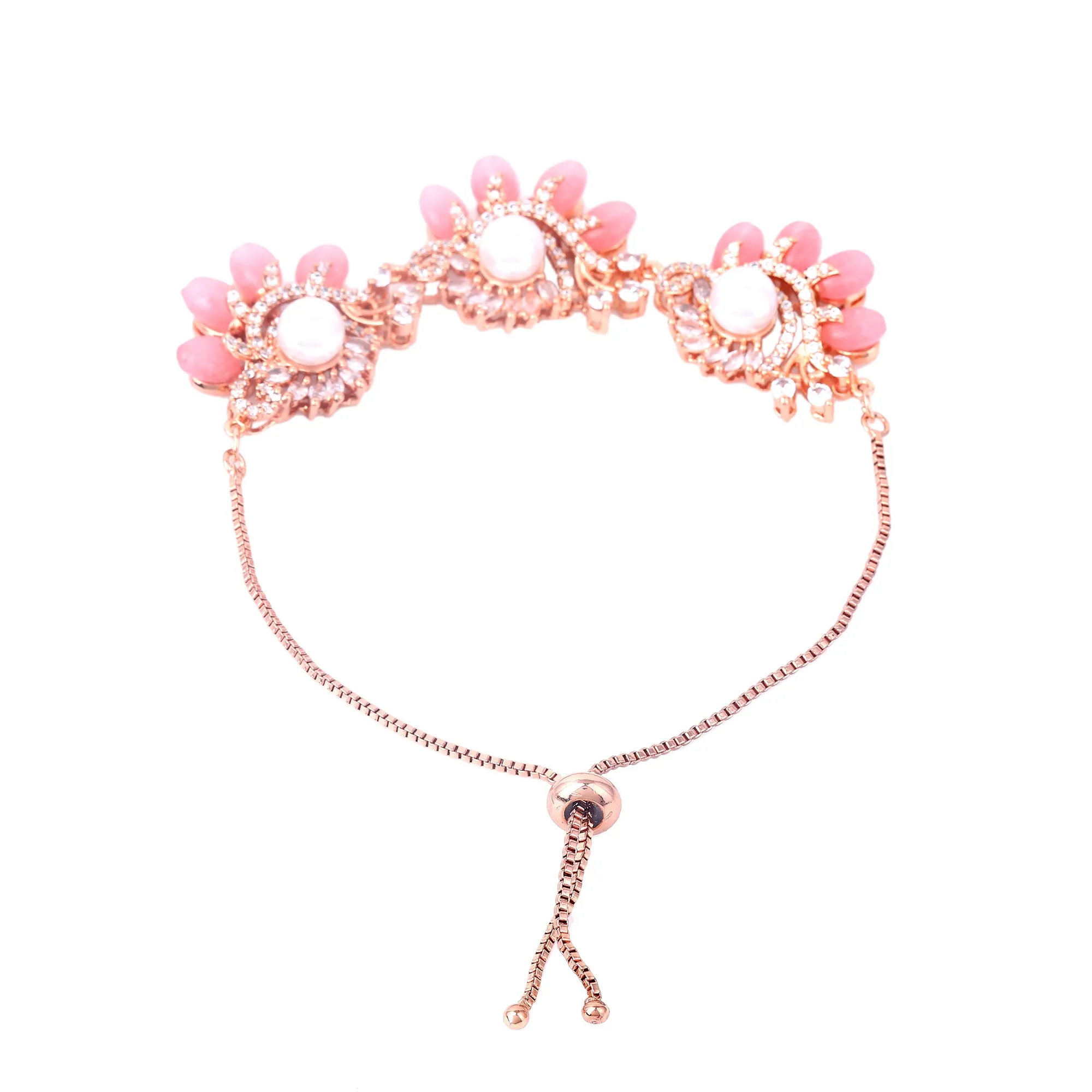Estele Rosegold Plated Classic Mint Pink Beads Accented Flexible Varya Bracelet|A Graceful Wristlet for Modern Ladies