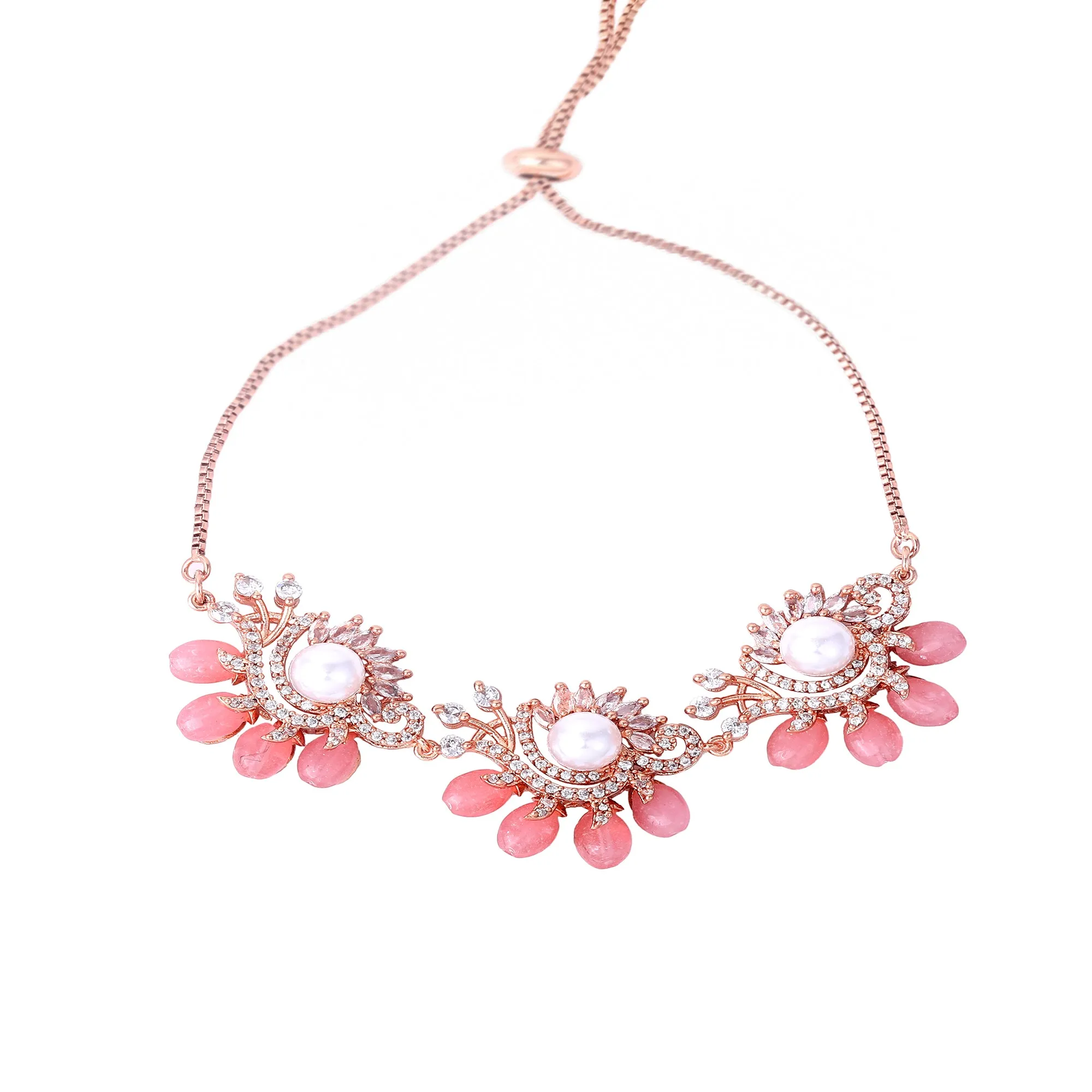 Estele Rosegold Plated Classic Mint Pink Beads Accented Flexible Varya Bracelet|A Graceful Wristlet for Modern Ladies
