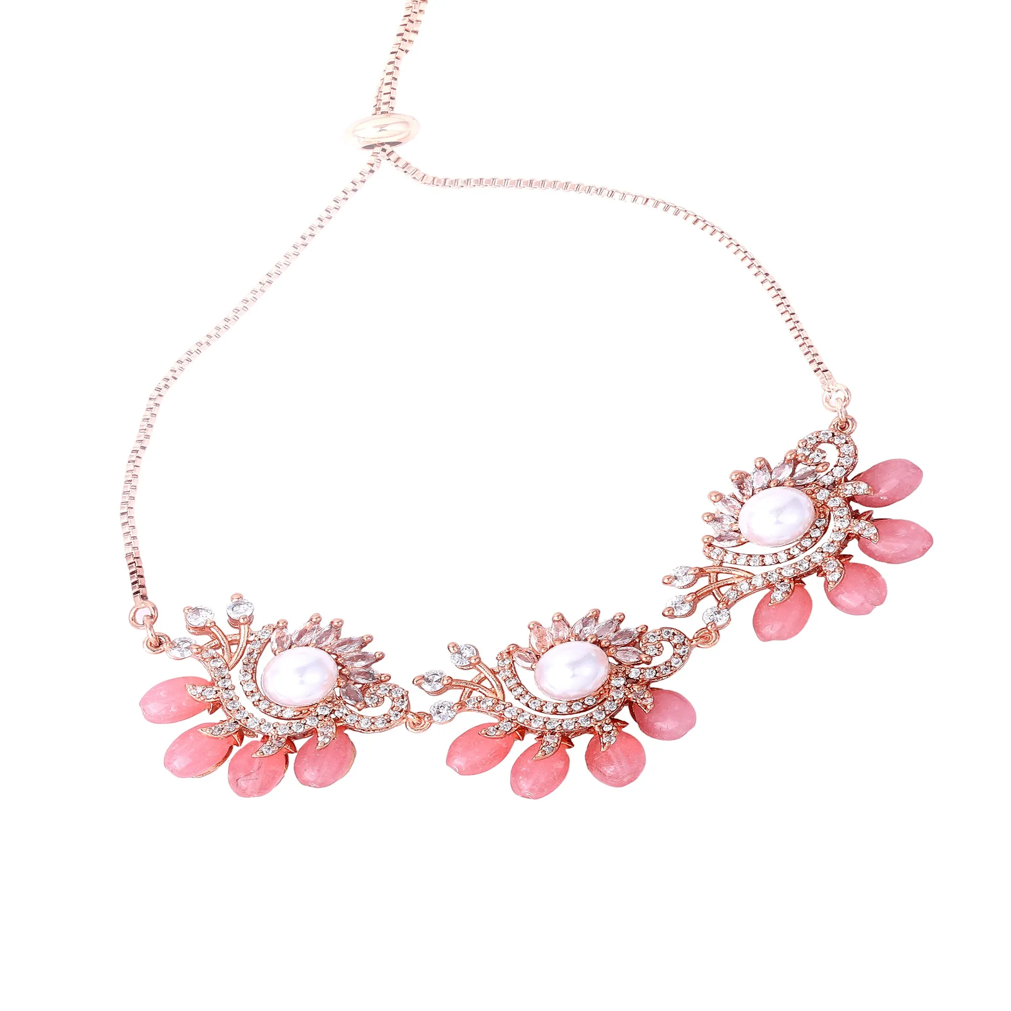 Estele Rosegold Plated Classic Mint Pink Beads Accented Flexible Varya Bracelet|A Graceful Wristlet for Modern Ladies