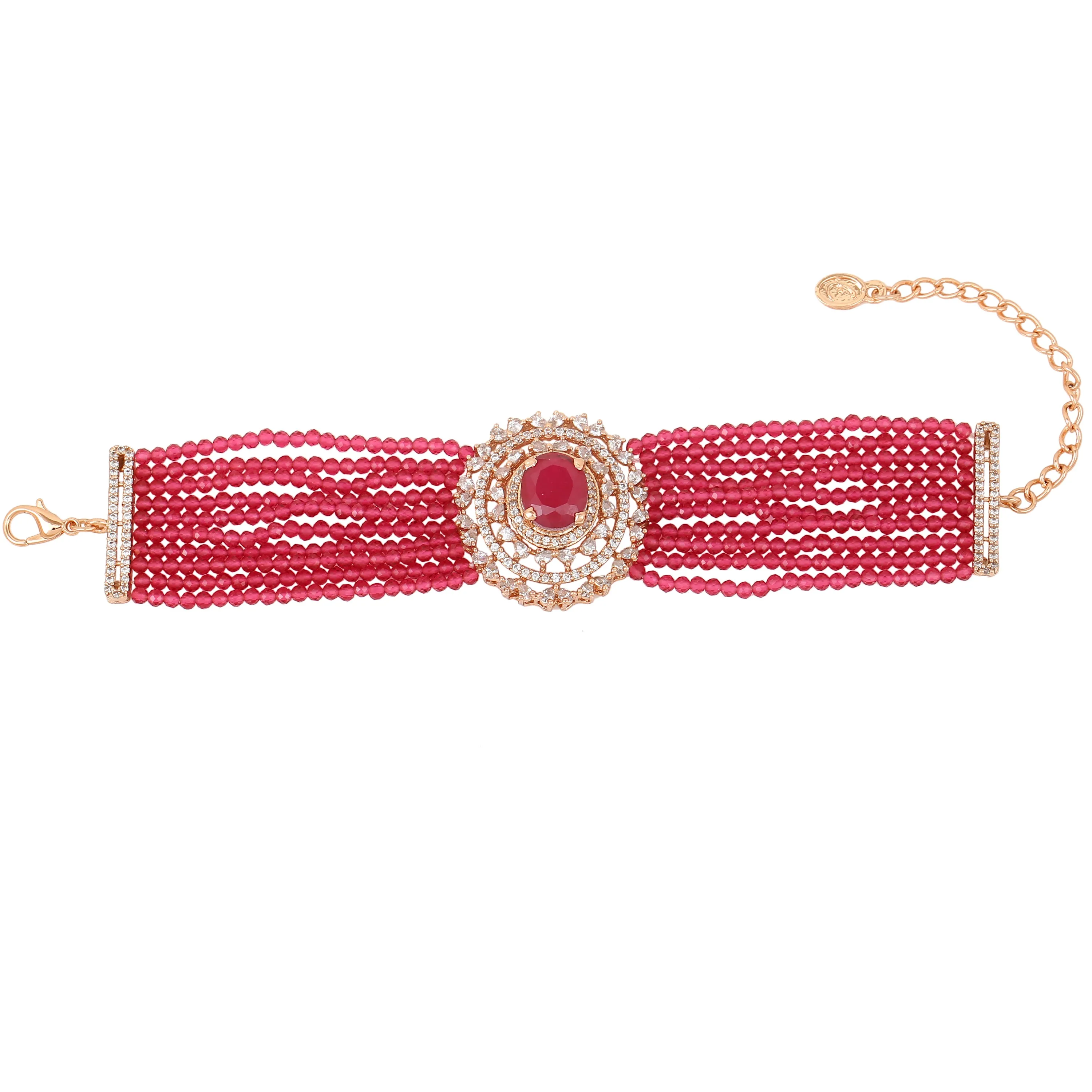 Estele Rosegold Plated CZ Gorgeous Multi-Layered Bracelet with Ruby Stones for Women