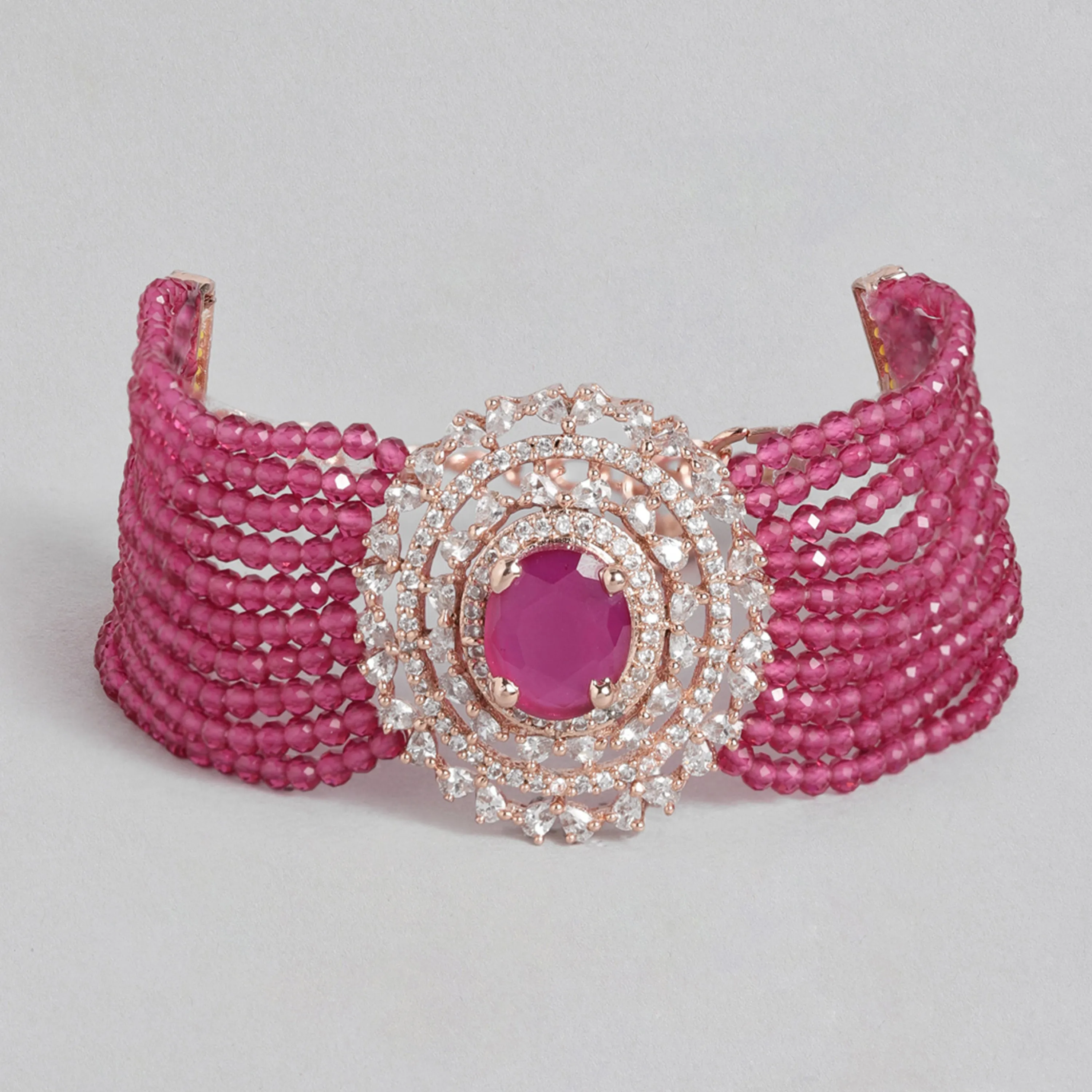 Estele Rosegold Plated CZ Gorgeous Multi-Layered Bracelet with Ruby Stones for Women