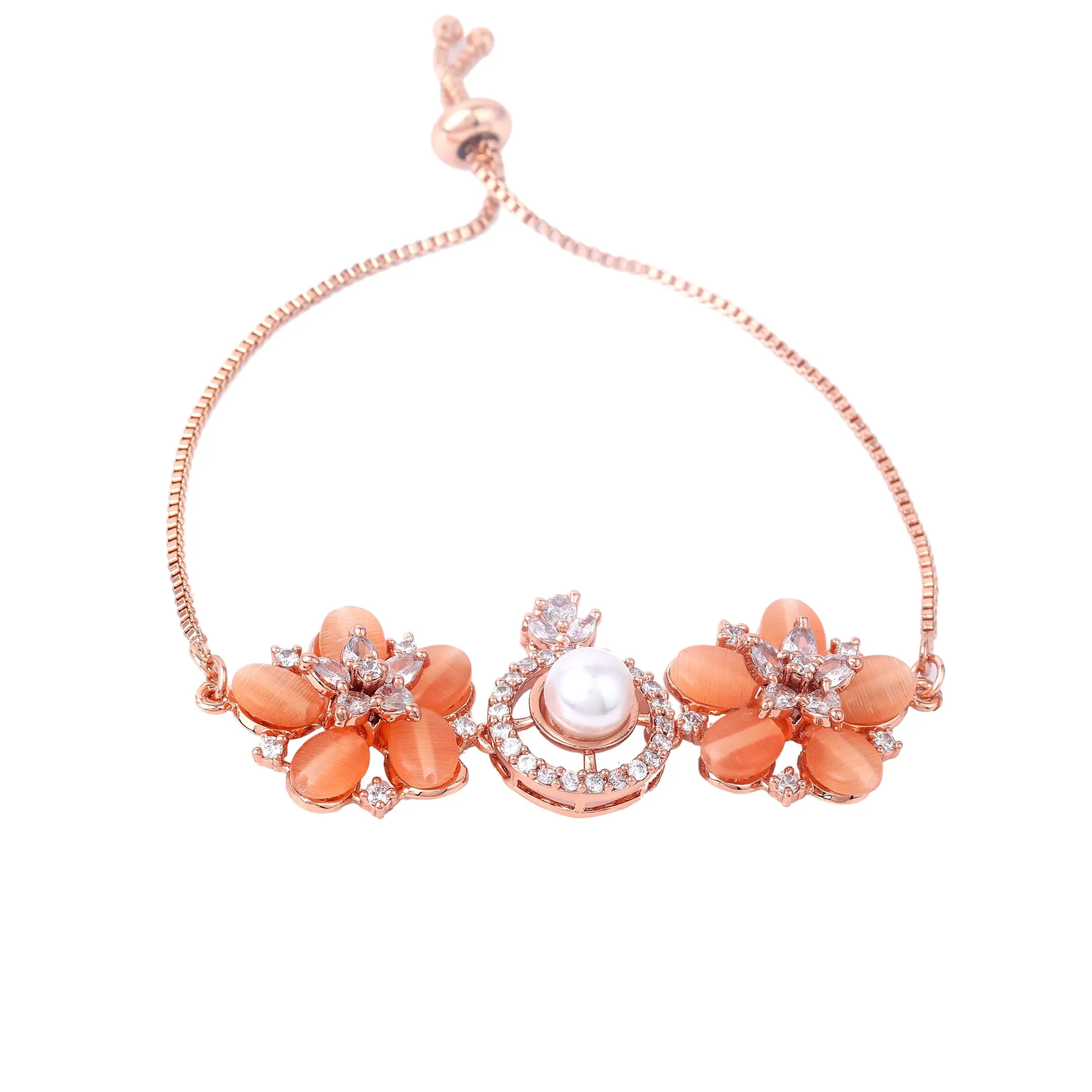 Estele Rosegold Plated Elegant Flower Designer Minimalistic Adjustable Varya Bracelet with Mint Orange Beads for Women