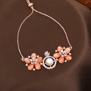 Estele Rosegold Plated Elegant Flower Designer Minimalistic Adjustable Varya Bracelet with Mint Orange Beads for Women