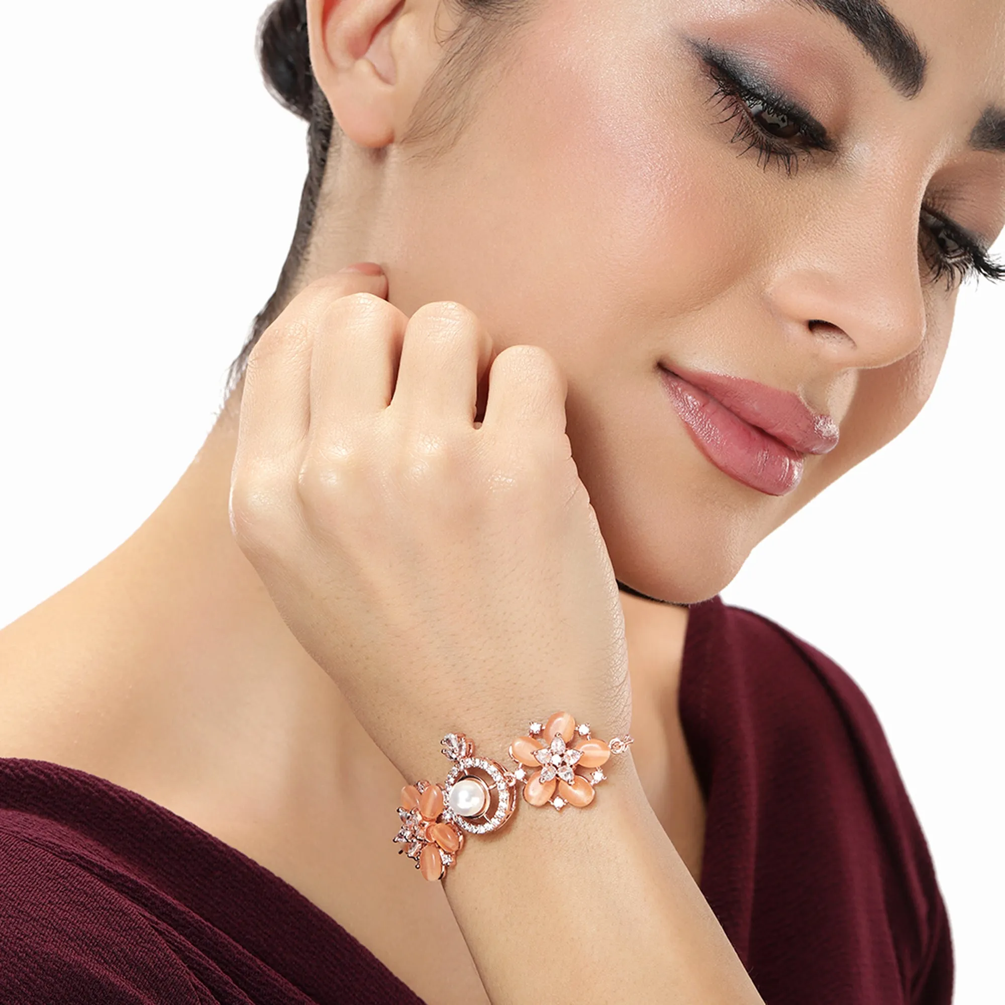 Estele Rosegold Plated Elegant Flower Designer Minimalistic Adjustable Varya Bracelet with Mint Orange Beads for Women