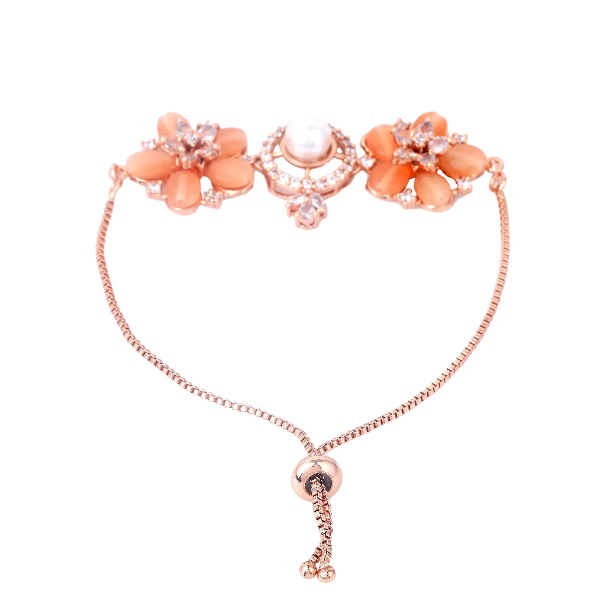 Estele Rosegold Plated Elegant Flower Designer Minimalistic Adjustable Varya Bracelet with Mint Orange Beads for Women