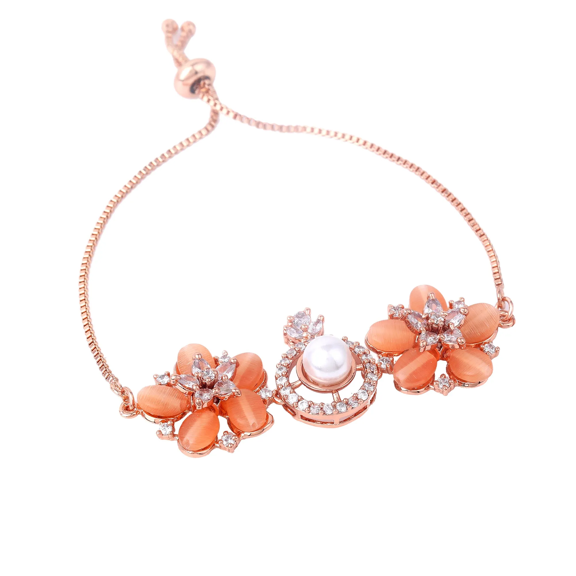 Estele Rosegold Plated Elegant Flower Designer Minimalistic Adjustable Varya Bracelet with Mint Orange Beads for Women