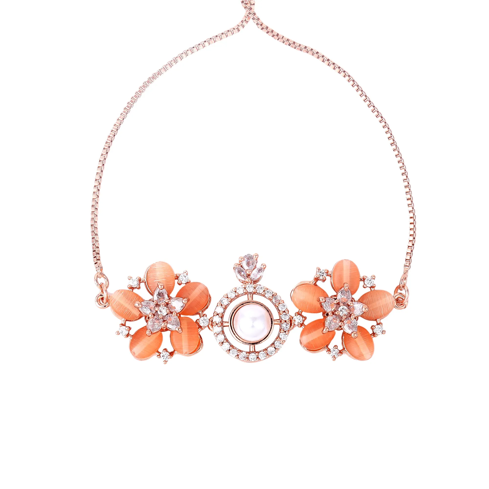 Estele Rosegold Plated Elegant Flower Designer Minimalistic Adjustable Varya Bracelet with Mint Orange Beads for Women