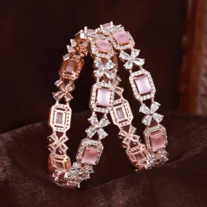 Estele Rosegold Plated Glossy Mint Pink American Diamond Floral Bangles|Available in 2:4, 2:6, & 2:8 Sizes|Perfect Blend of Glamour & Elegance for Women
