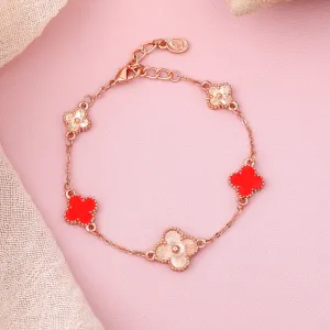 Estele Rosegold Plated Red Color Vintage Clover Leaf Designer Adjustable Aesthetic Charm Bracelet for Women and Girls