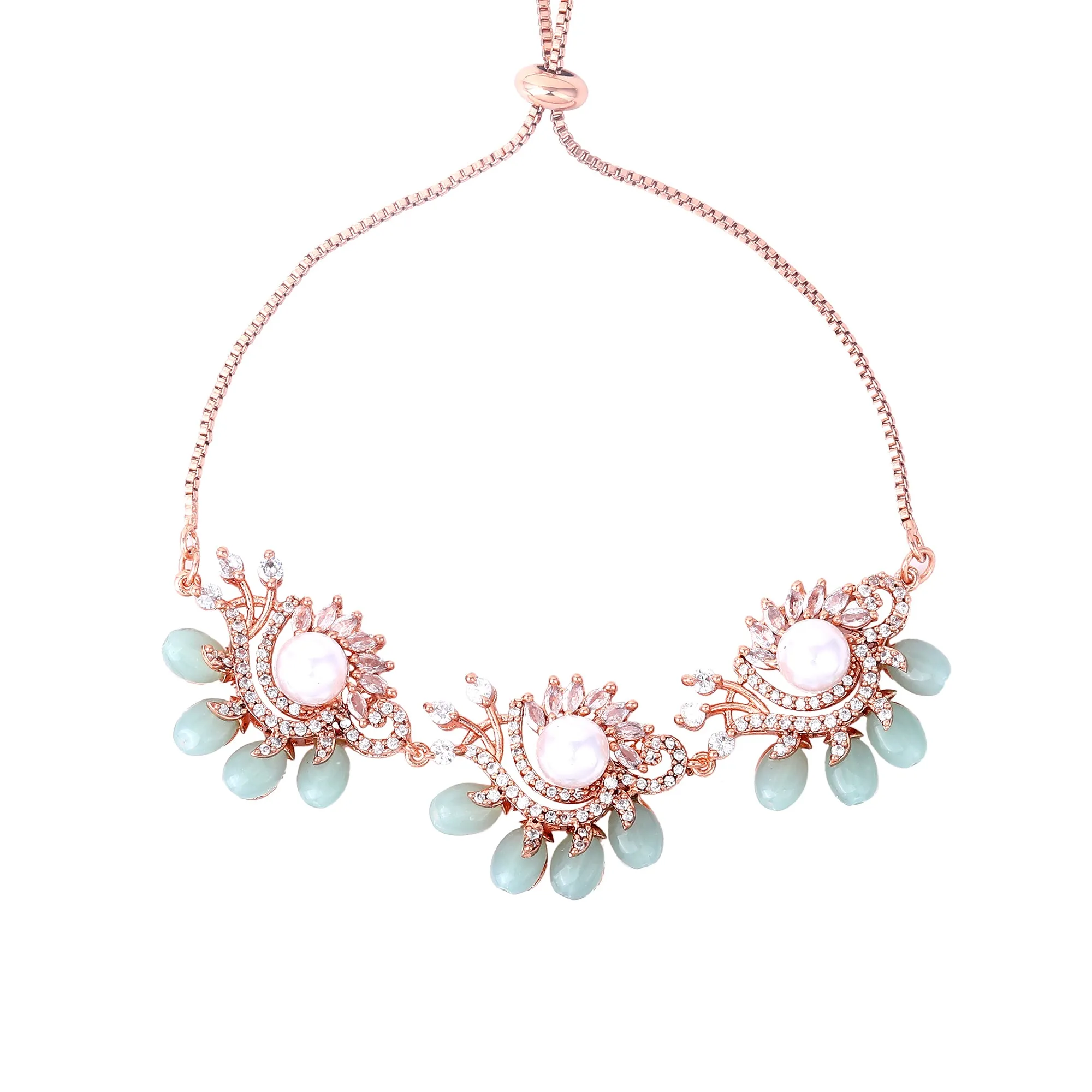Estele Rosegold Plated Shiny Mint Green Beads Accented Adjustable Varya Bracelet|Modern Charm with Classic Beauty for Women