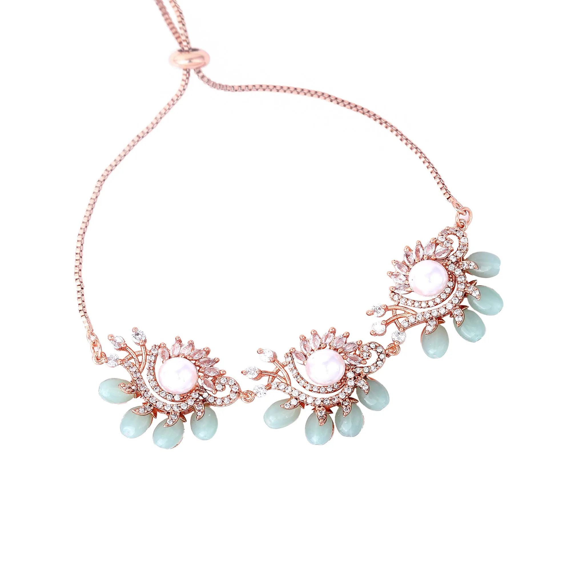 Estele Rosegold Plated Shiny Mint Green Beads Accented Adjustable Varya Bracelet|Modern Charm with Classic Beauty for Women