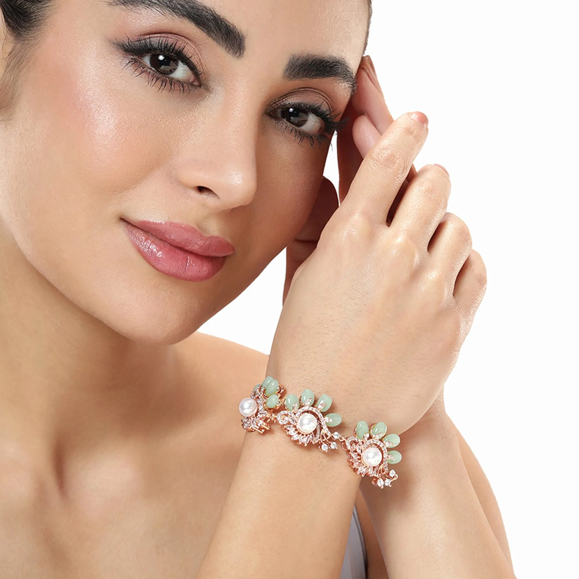Estele Rosegold Plated Shiny Mint Green Beads Accented Adjustable Varya Bracelet|Modern Charm with Classic Beauty for Women