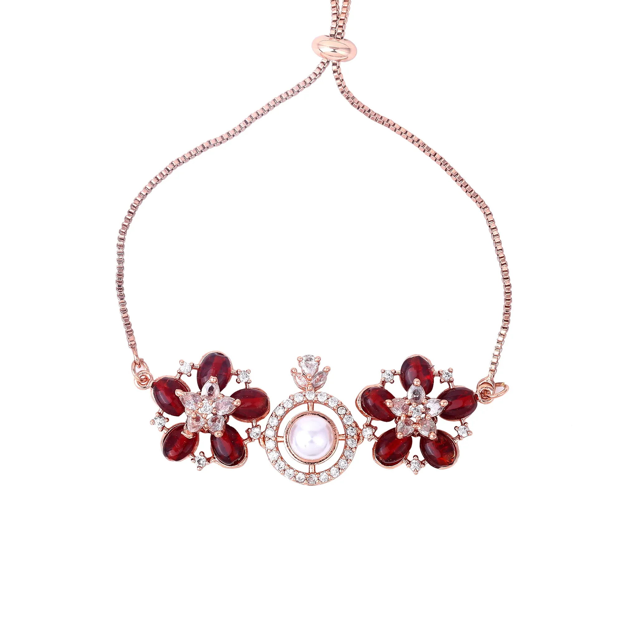 Estele Rosegold Plated Stunning Ruby Beads Enhanced Floral Designer Lightweight Adjustable Varya Bracelet for Women