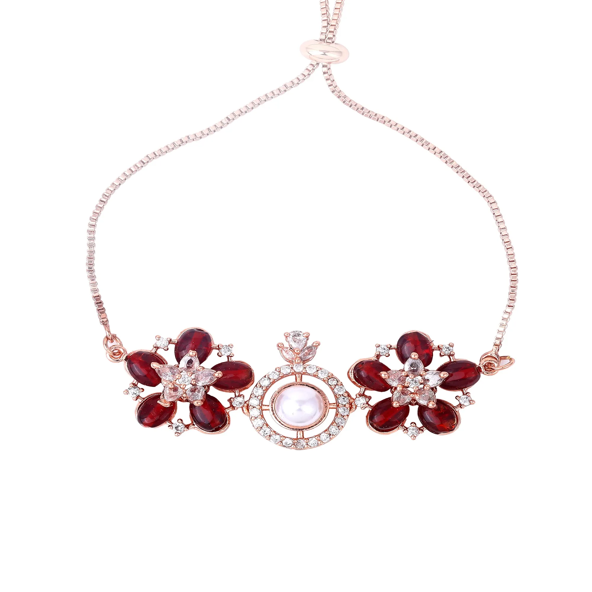 Estele Rosegold Plated Stunning Ruby Beads Enhanced Floral Designer Lightweight Adjustable Varya Bracelet for Women