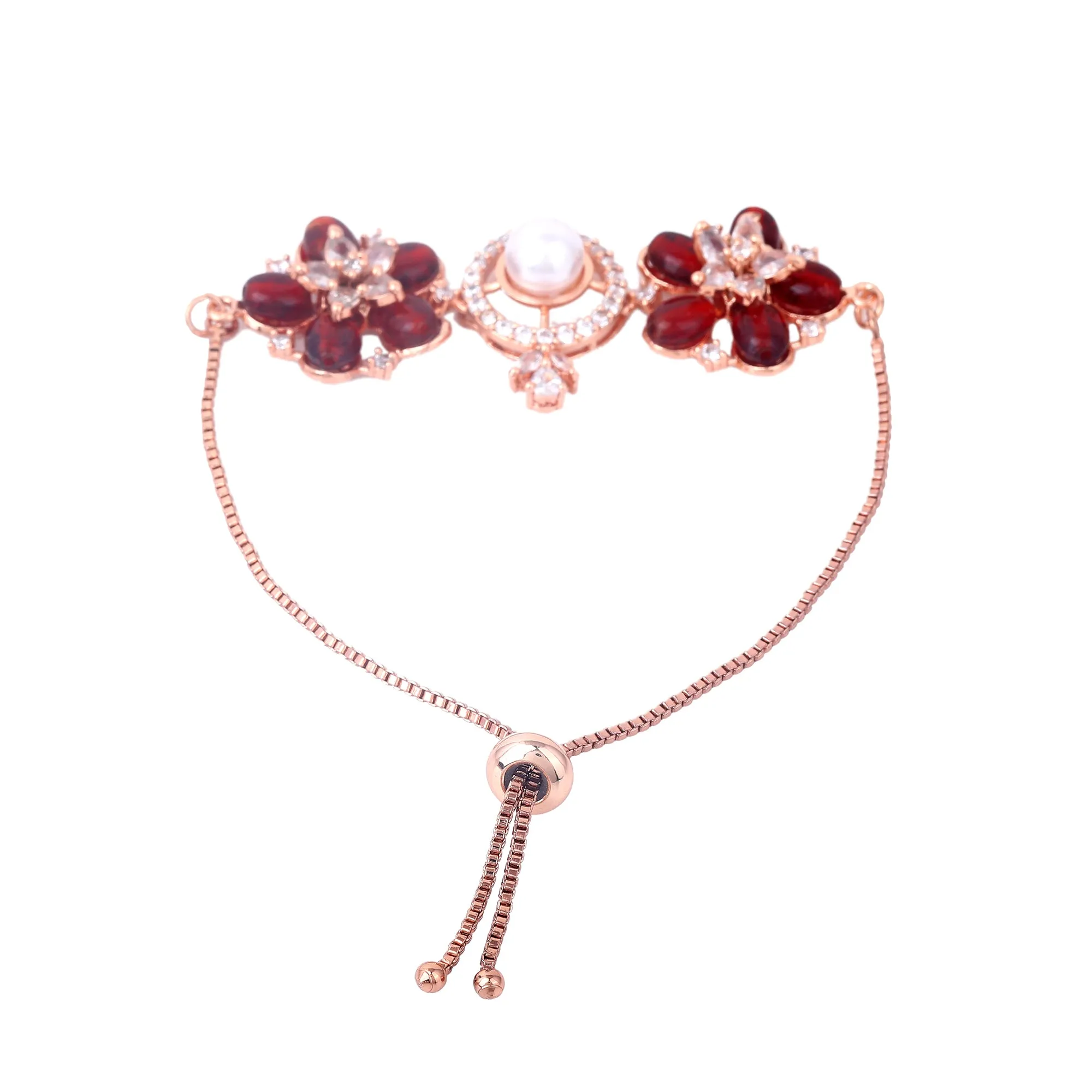 Estele Rosegold Plated Stunning Ruby Beads Enhanced Floral Designer Lightweight Adjustable Varya Bracelet for Women