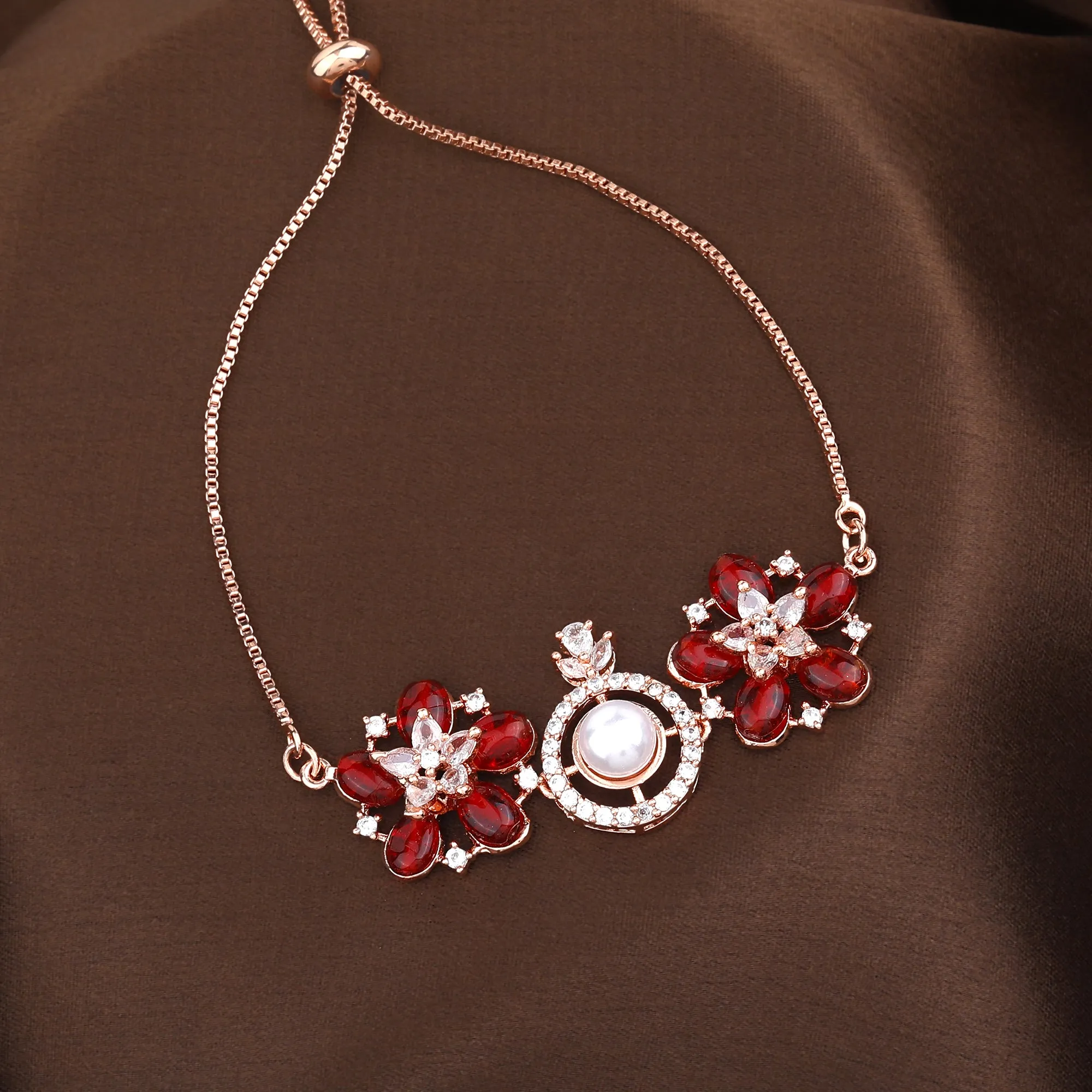 Estele Rosegold Plated Stunning Ruby Beads Enhanced Floral Designer Lightweight Adjustable Varya Bracelet for Women