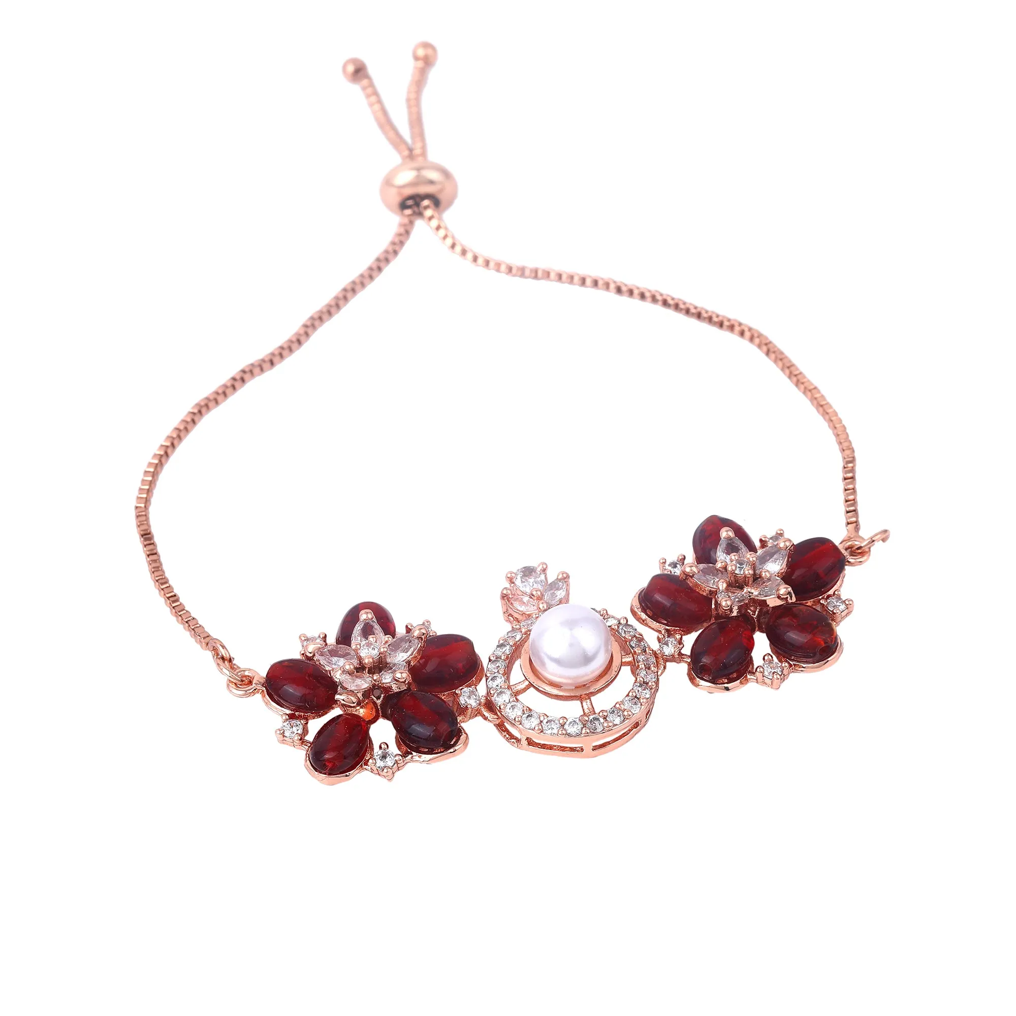 Estele Rosegold Plated Stunning Ruby Beads Enhanced Floral Designer Lightweight Adjustable Varya Bracelet for Women