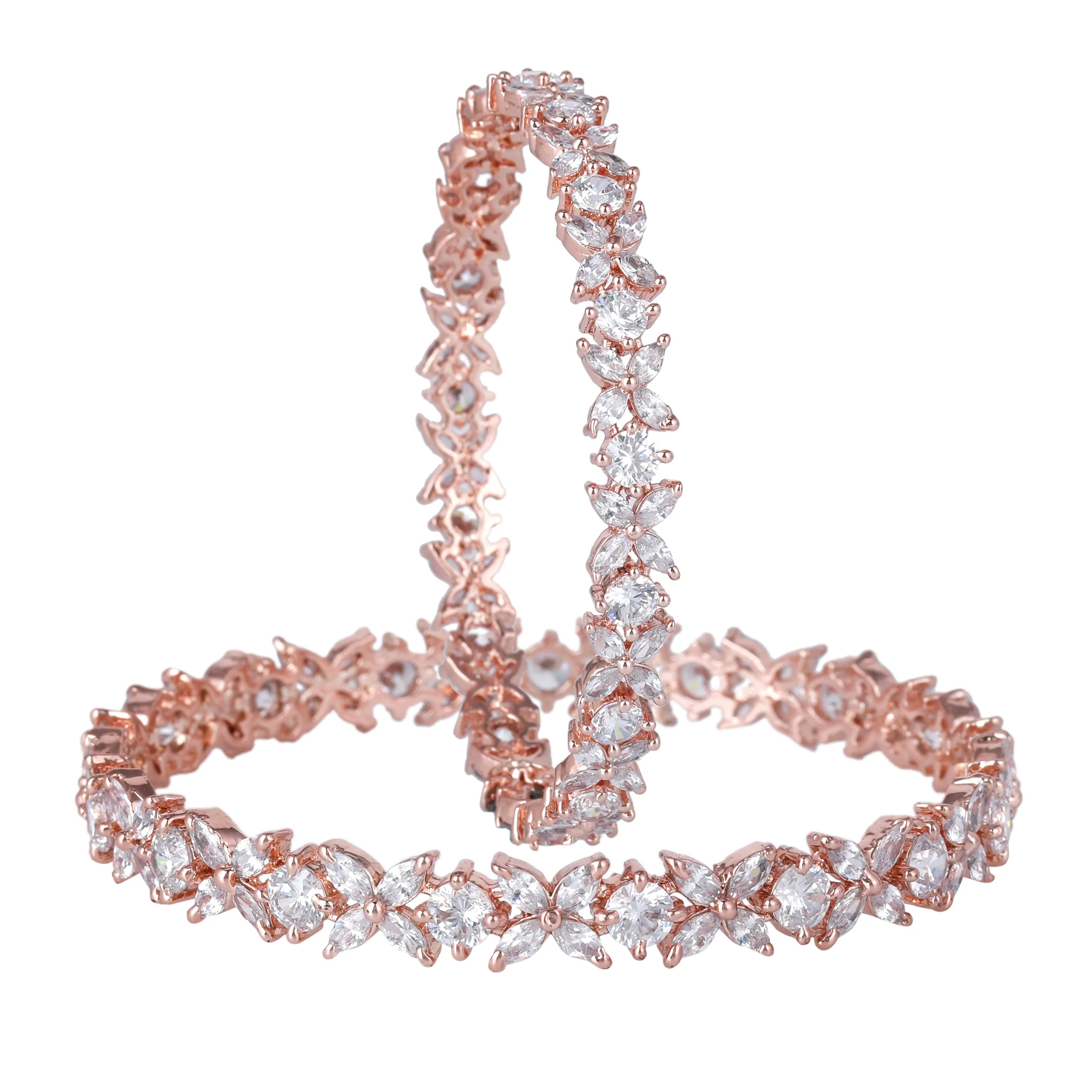 Estele Rosegold Plated White American Diamond Elegant Floral Bangles | Available in 2:4, 2:6, & 2:8 Sizes | Perfect Fit & Timeless Elegance for Women