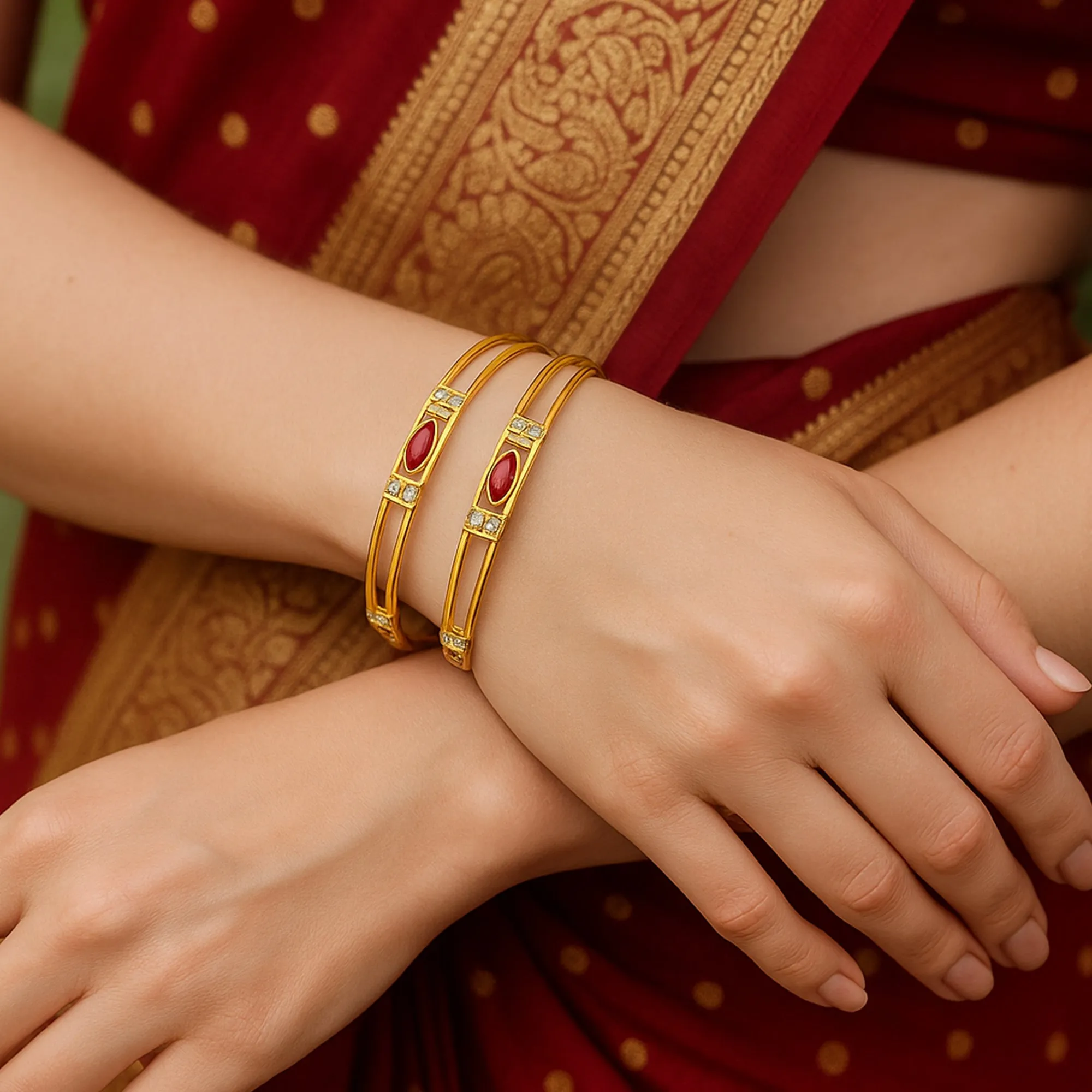 Estele Women??s Gold Plated Bangle ?C Size 2.6 ?C Elegant CZ Ruby Stone ?C Lightweight Ethnic Jewelry ?C OSBR-VK11412RDWE-26 BANGLE