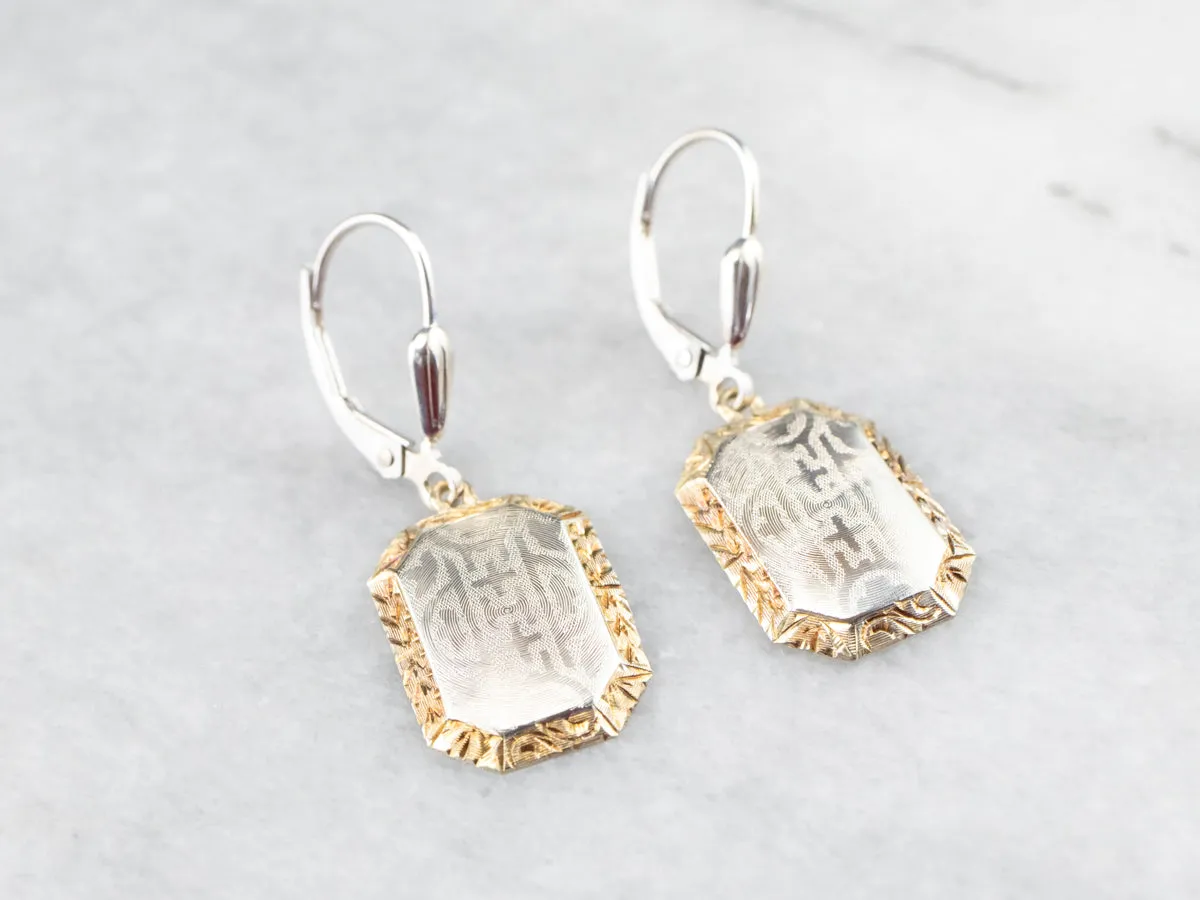 Etched Two Tone Gold Drop Earrings