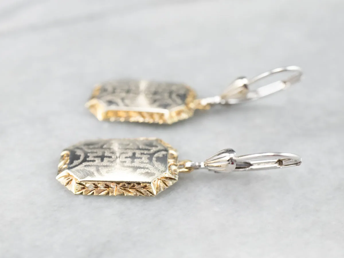 Etched Two Tone Gold Drop Earrings