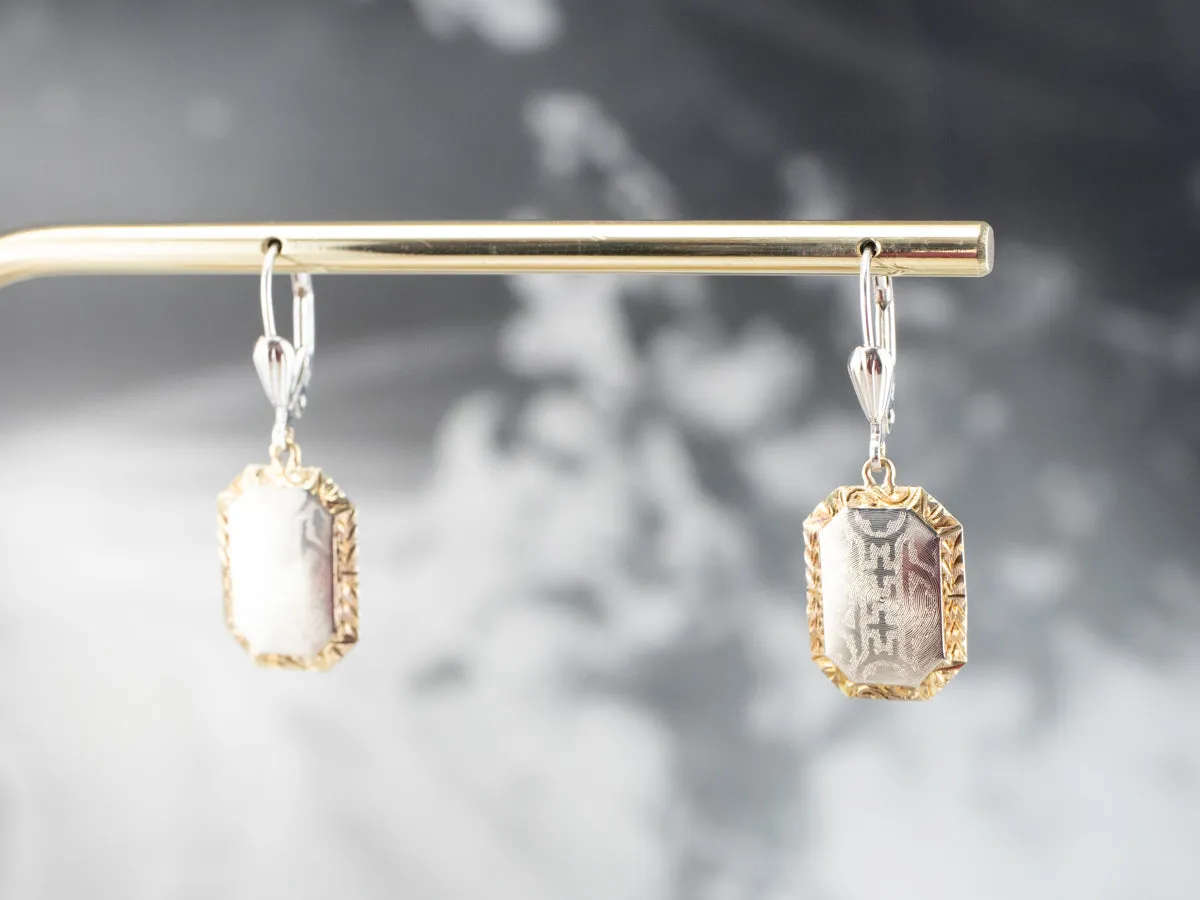 Etched Two Tone Gold Drop Earrings
