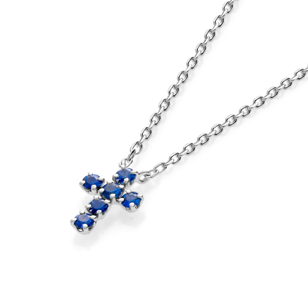 Extra Small Blue Sapphire Cross Pendant White Gold