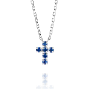 Extra Small Blue Sapphire Cross Pendant White Gold